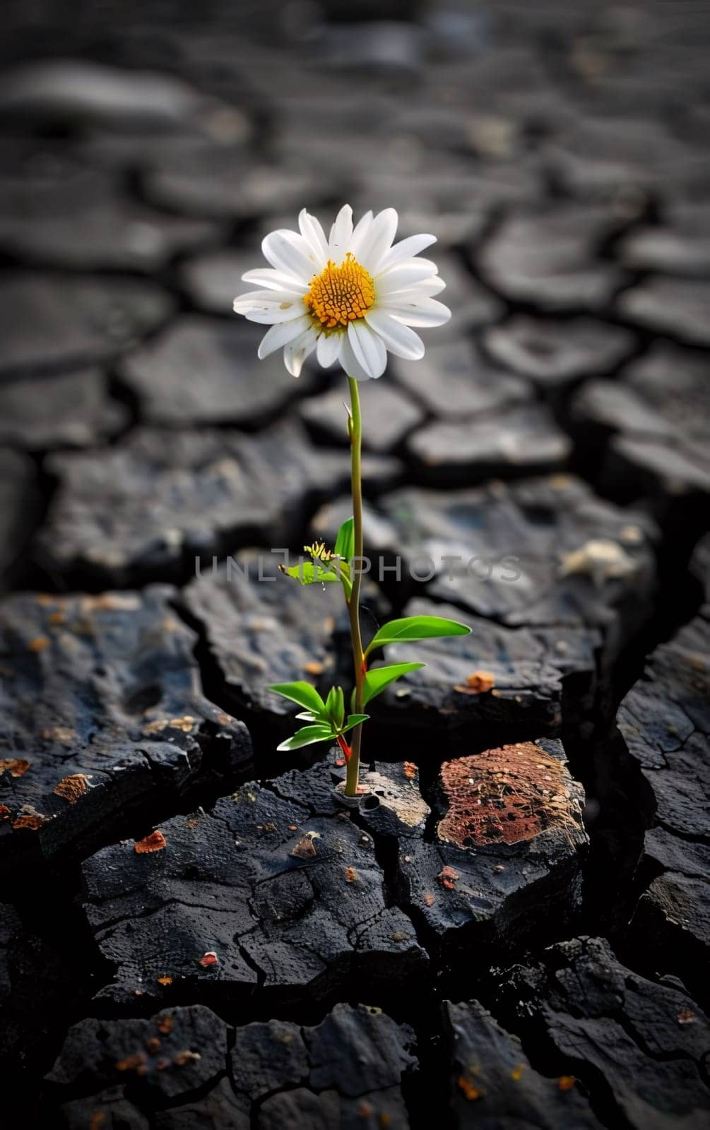 White daisy on a tiny stem and tiny green leaves, growing out of the cracked ground. Flowering flowers, a symbol of spring, new life. A joyful time of nature waking up to life.