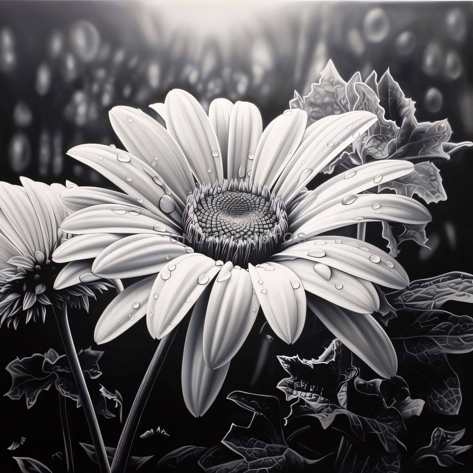 Black and white illustration of chrysanthemum with leaves. Flowering flowers, a symbol of spring, new life. by ThemesS