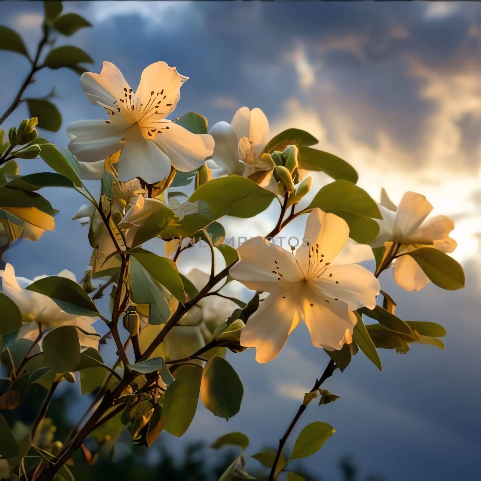 White flowers blooming on the branches of a tree around green leaves in the background the setting sun. Flowering flowers, a symbol of spring, new life. A joyful time of nature waking up to life.