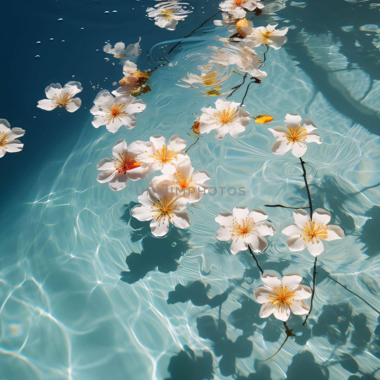 White cherry blossoms floating on the water in the pool. Flowering flowers, a symbol of spring, new life. A joyful time of nature waking up to life.