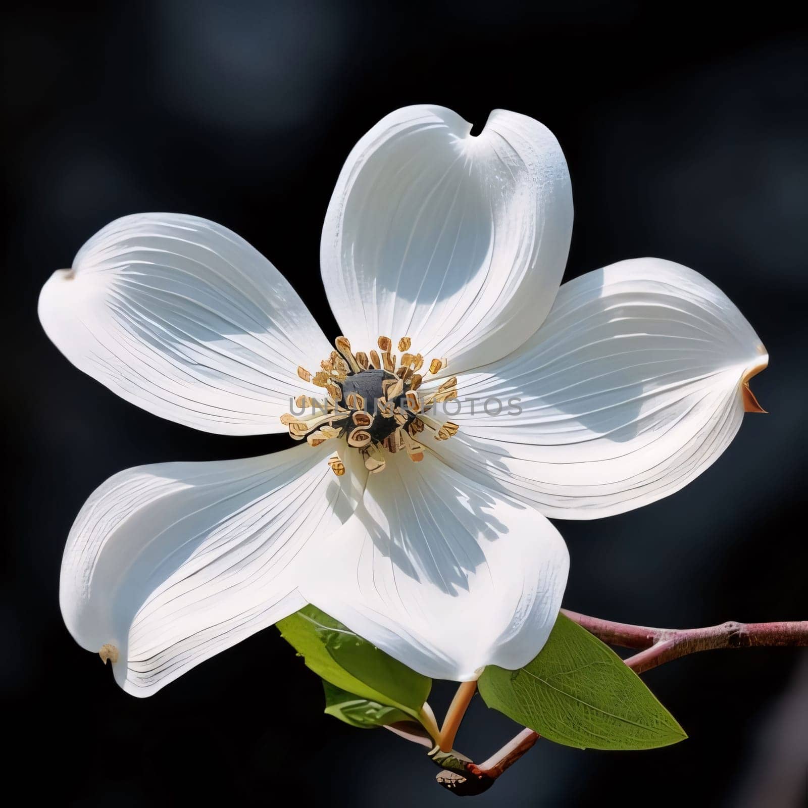 White flower with tiny green leaves, close-up photo on a dark background. Flowering flowers, a symbol of spring, new life. A joyful time of nature waking up to life.