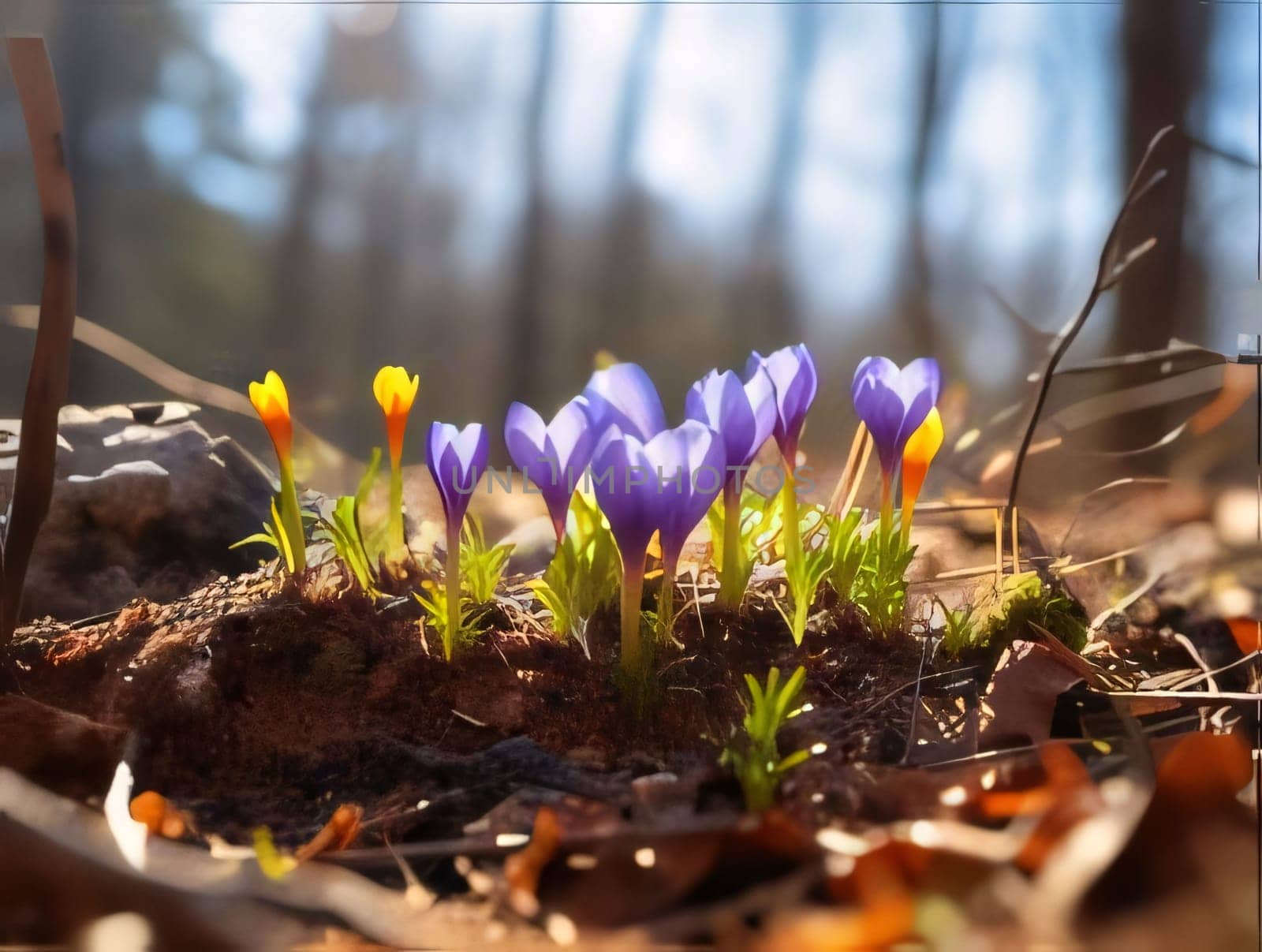 Purple and orange crocuses growing from the ground in the forest. Flowering flowers, a symbol of spring, new life. A joyful time of nature waking up to life.