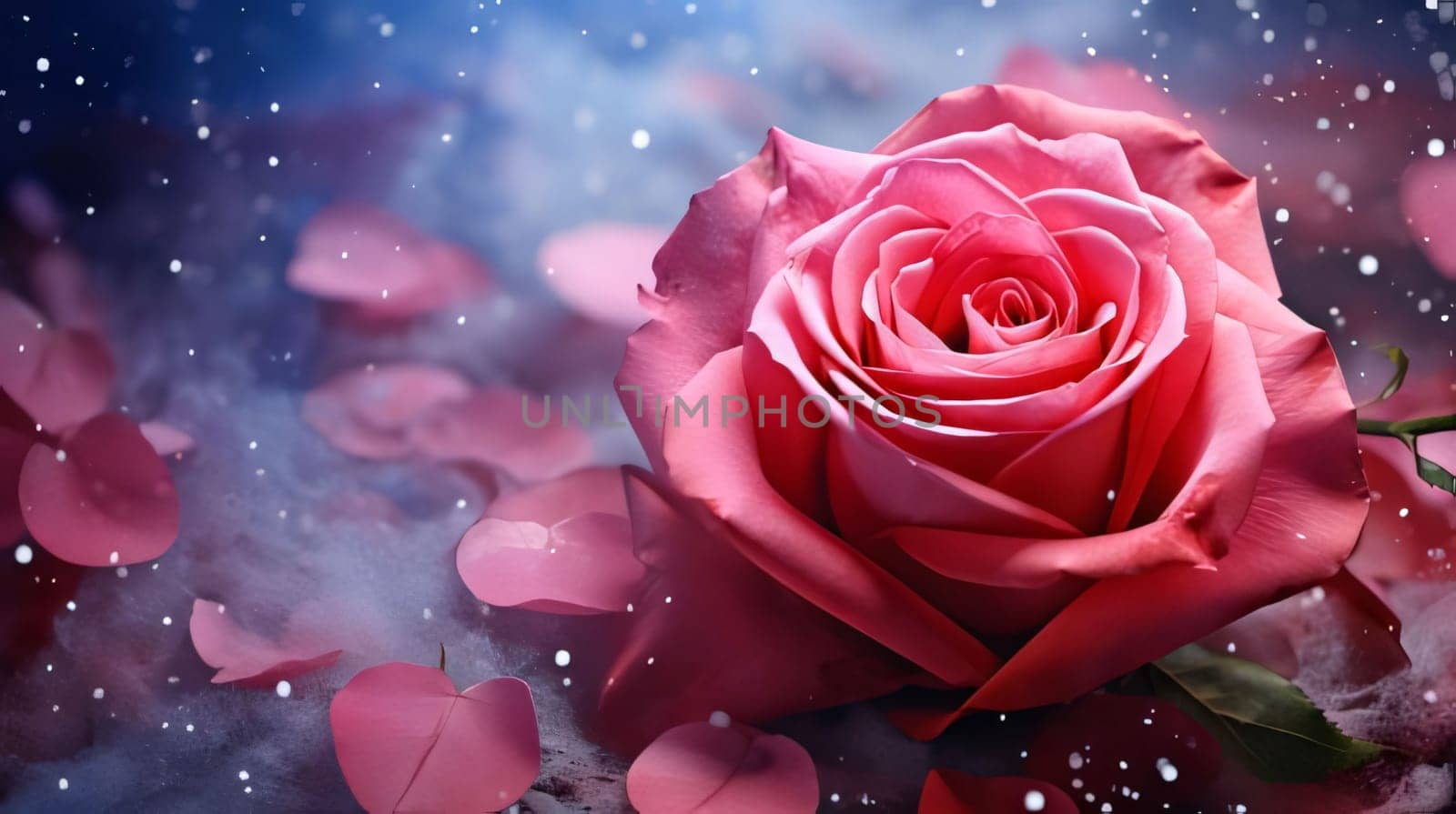 Red rose flower around scattered red rose petals, banner with space for your own content. Flowering flowers, a symbol of spring, new life. A joyful time of nature waking up to life.