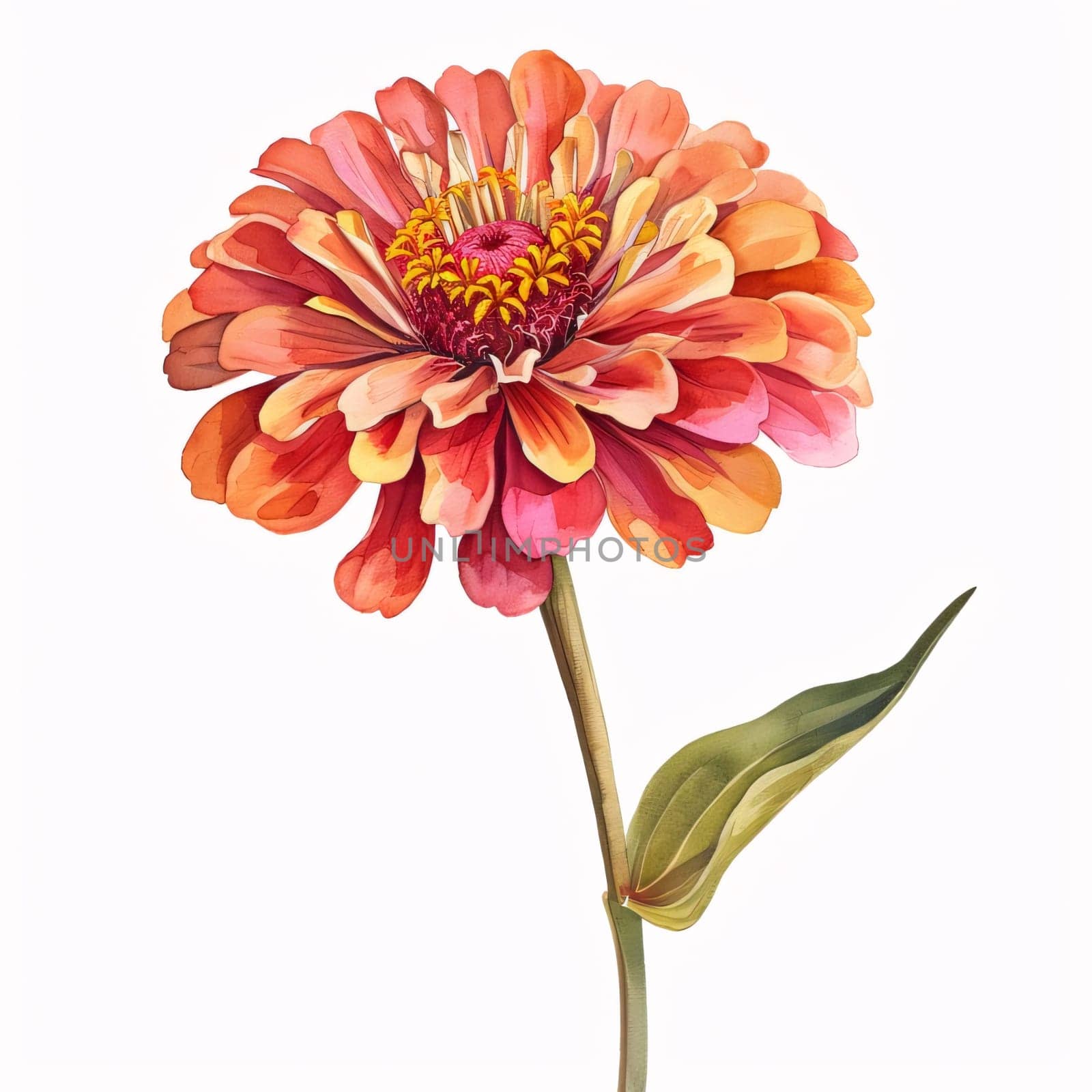 Drawn, painted flowers: orange flower with green stem and leaves. Flowering flowers, a symbol of spring, new life. A joyful time of nature waking up to life.