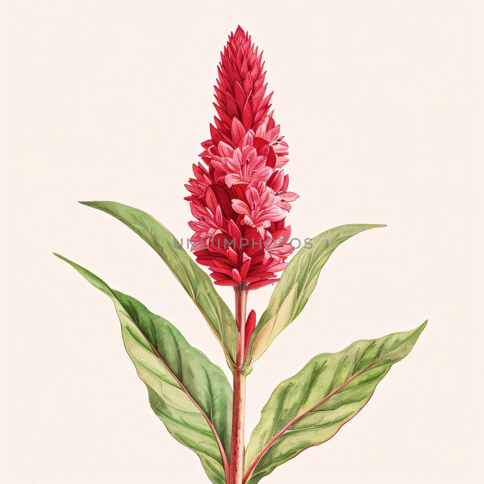 Drawn, painted flowers: red hyacinth flower with green stem and leaves. Flowering flowers, a symbol of spring, new life. A joyful time of nature waking up to life.