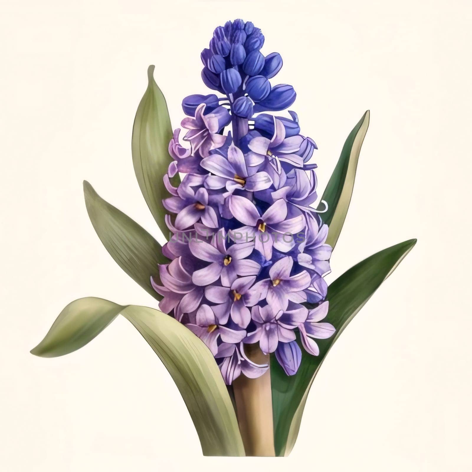Drawn, painted flowers: purple hyacinth flower with green stem and leaves. Flowering flowers, a symbol of spring, new life. A joyful time of nature waking up to life.