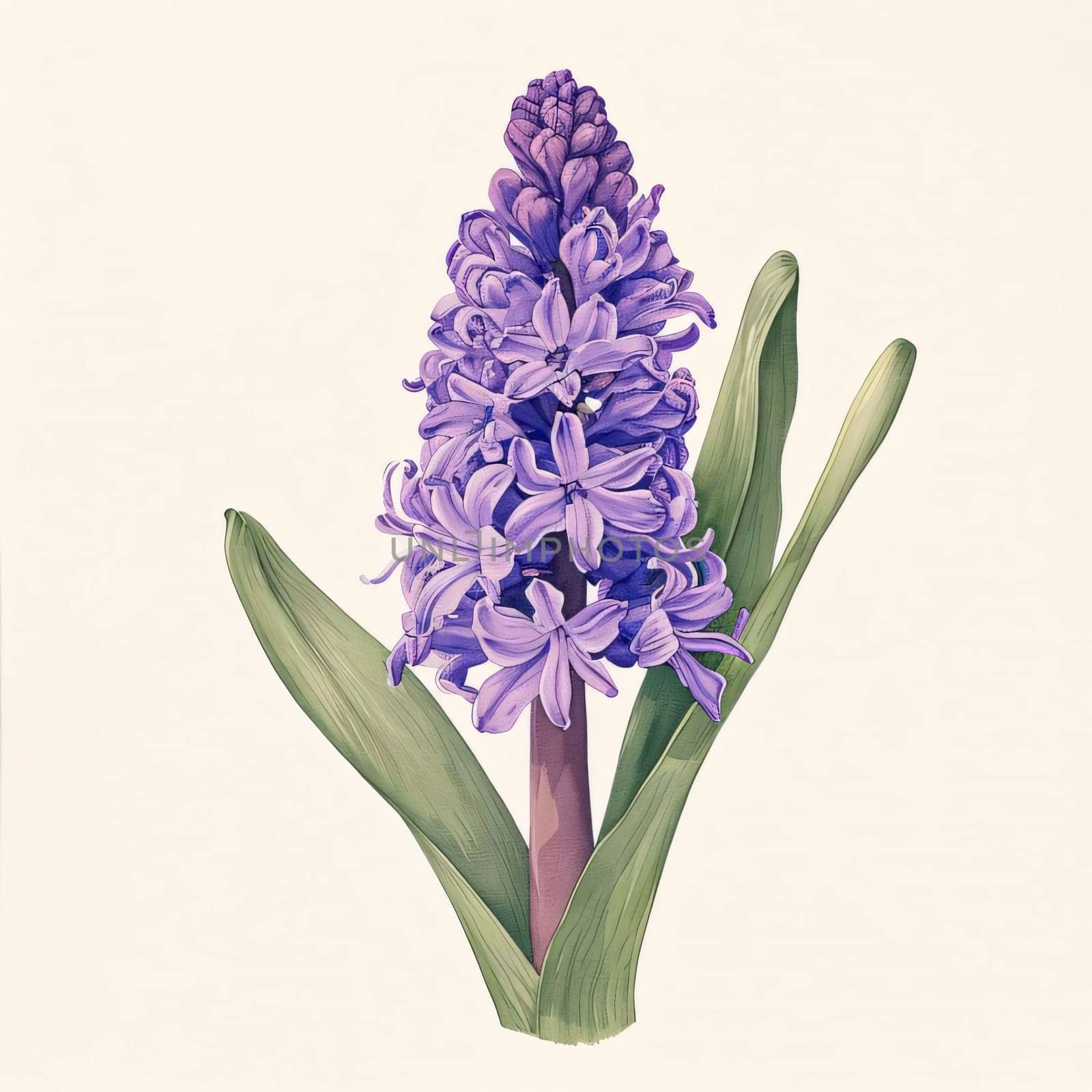 Drawn, painted flowers: purple hyacinth flower with green stem and leaves. Flowering flowers, a symbol of spring, new life. by ThemesS
