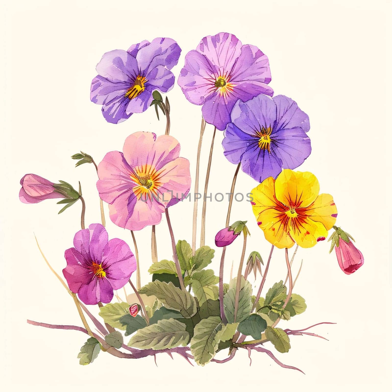 Drawn, painted flowers: purple and yellow pansies flowers with green stem and leaves. Flowering flowers, a symbol of spring, new life. by ThemesS