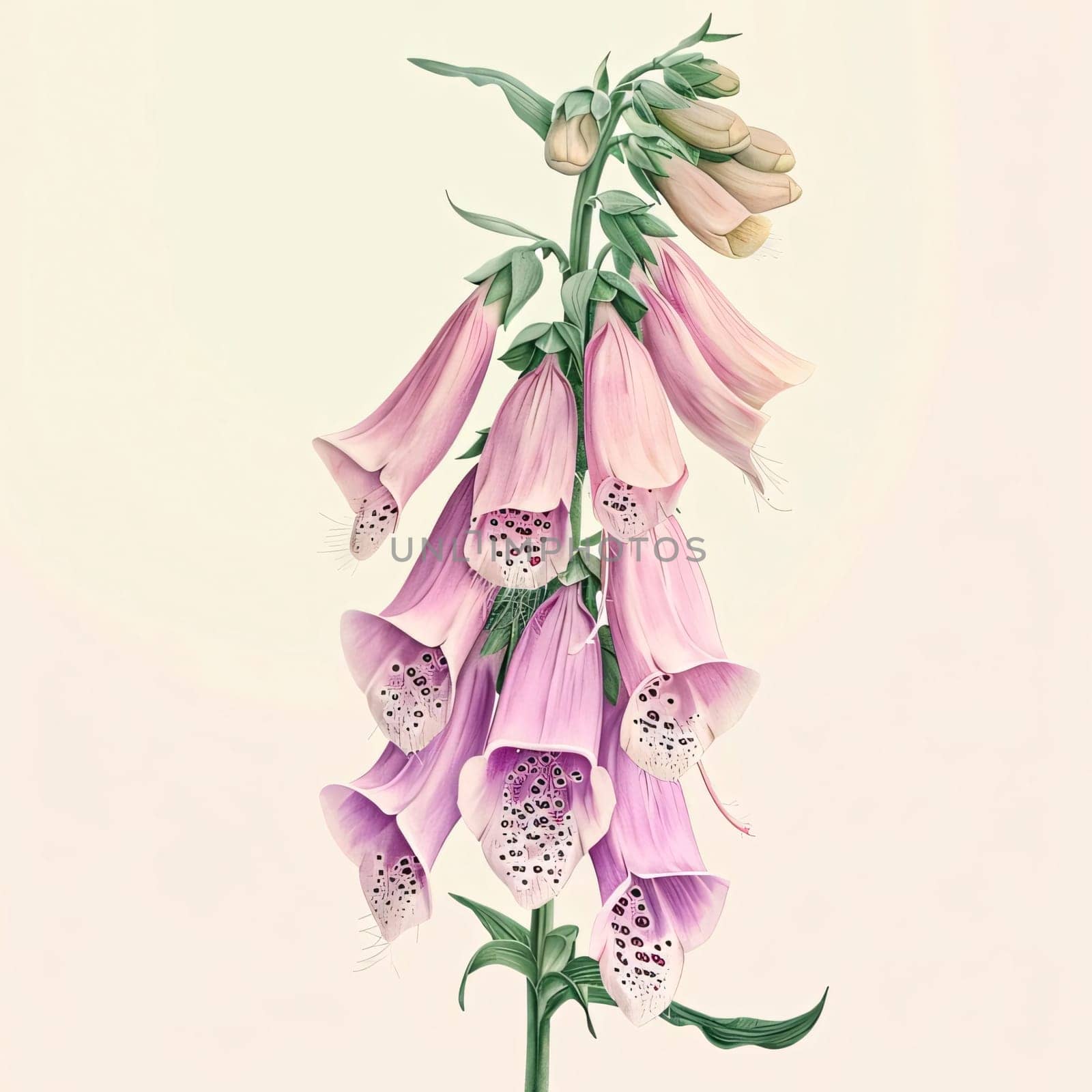 Drawn, painted flowers: purple pink foxglove flowers with green stem and leaves. Flowering flowers, a symbol of spring, new life. by ThemesS