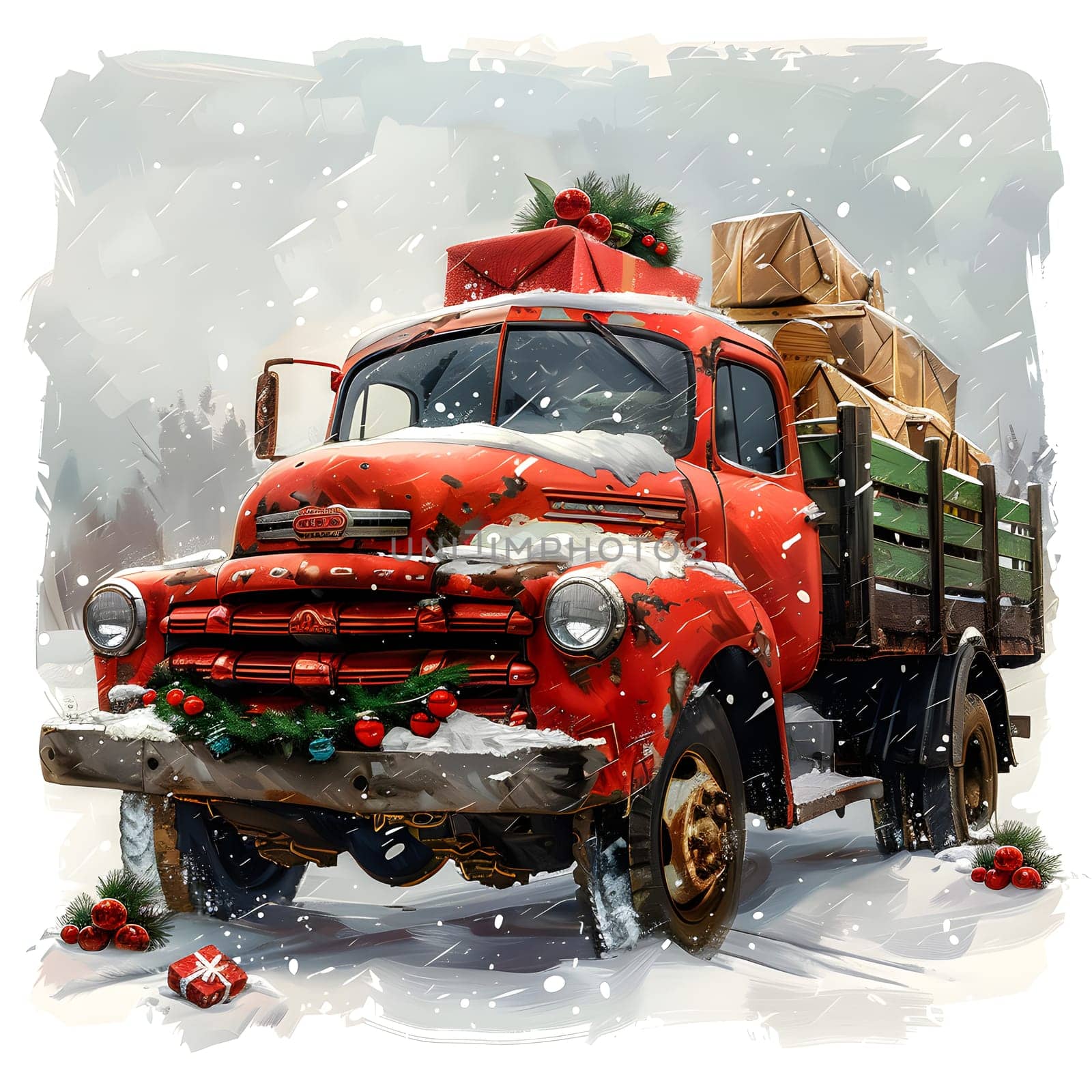 A red motor vehicle with Christmas presents in the back is parked in the snowy landscape. The vehicles hood, grille, and bumper are covered in snow
