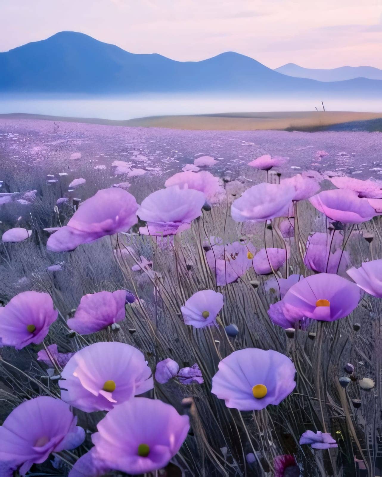 Green clearing full of pink flowers on the background of mountain ranges. Mist in the background. Flowering flowers, a symbol of spring, new life. A joyful time of nature awakening to life.