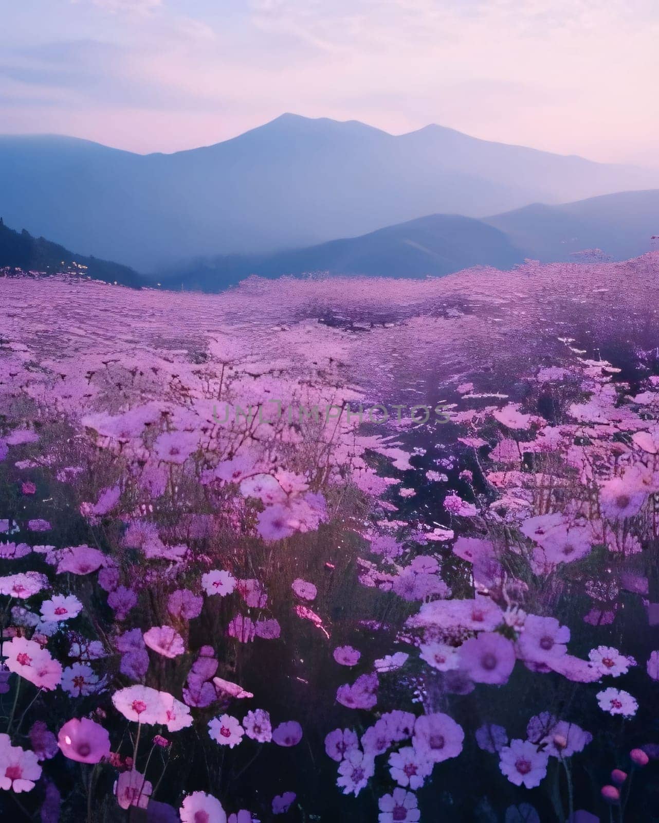 Green clearing full of pink flowers on the background of mountain ranges. Mist in the background. Flowering flowers, a symbol of spring, new life. A joyful time of nature awakening to life.