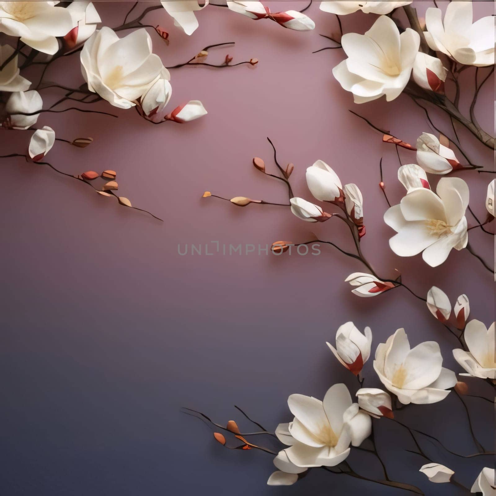 Small white flowers, petals on branches on a dark background banner with space for your own content. Flowering flowers, a symbol of spring, new life. A joyful time of nature awakening to life.