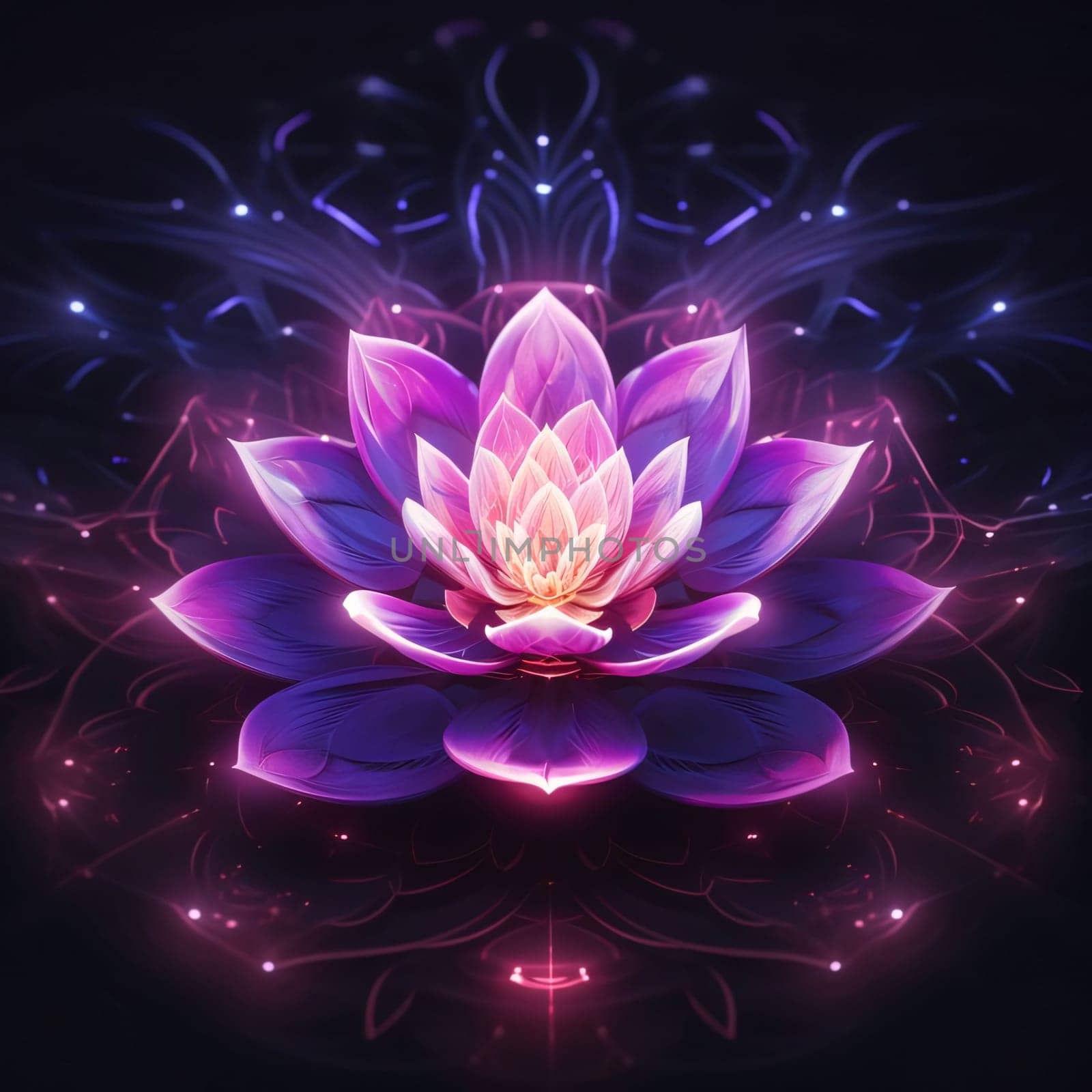 Abstract illustration of purple and pink water lily on a dark background with ornaments, lights. Flowering flowers, a symbol of spring, new life. A joyful time of nature awakening to life.