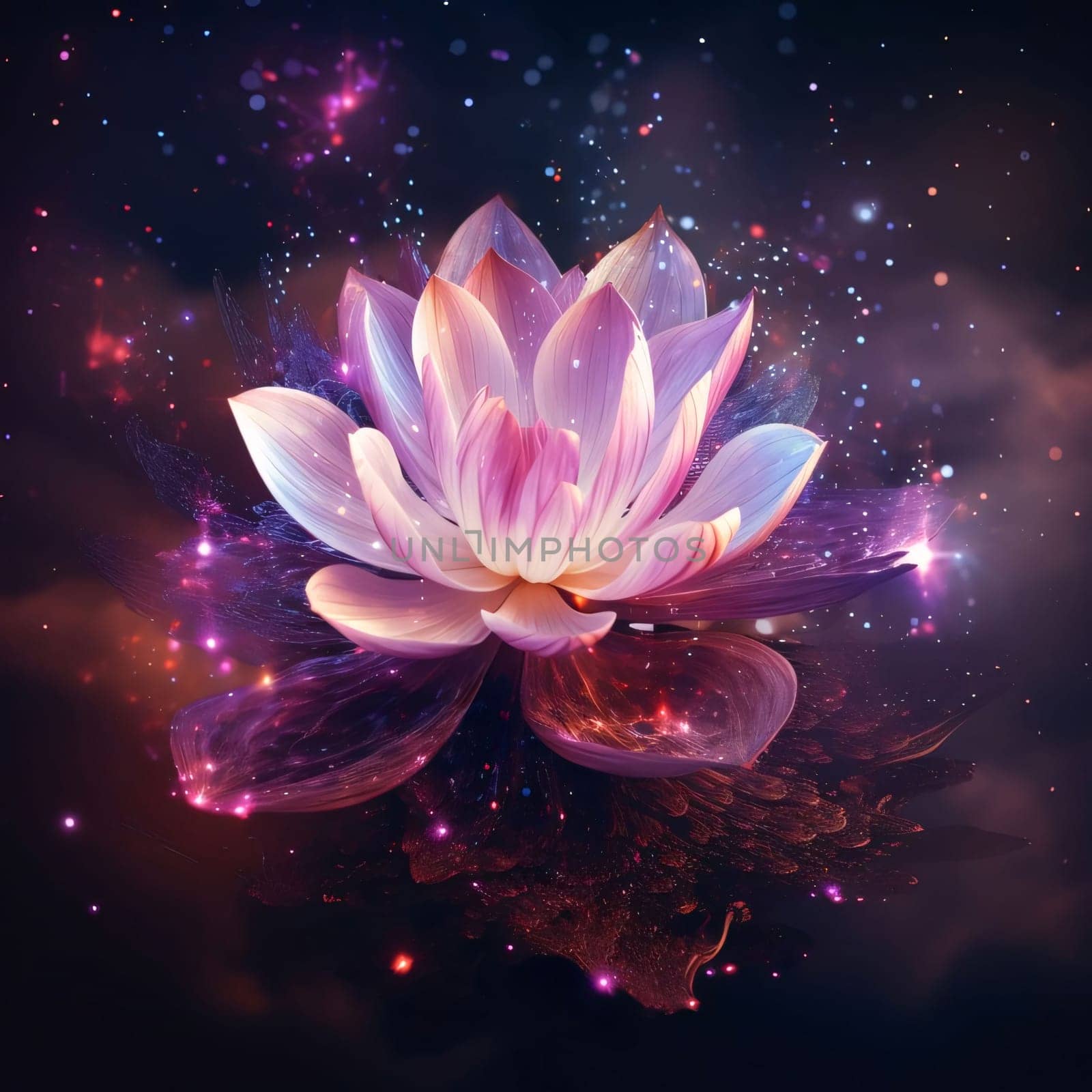 Abstract illustration of purple and pink water lily on a dark background with ornaments, lights. Flowering flowers, a symbol of spring, new life. A joyful time of nature awakening to life.