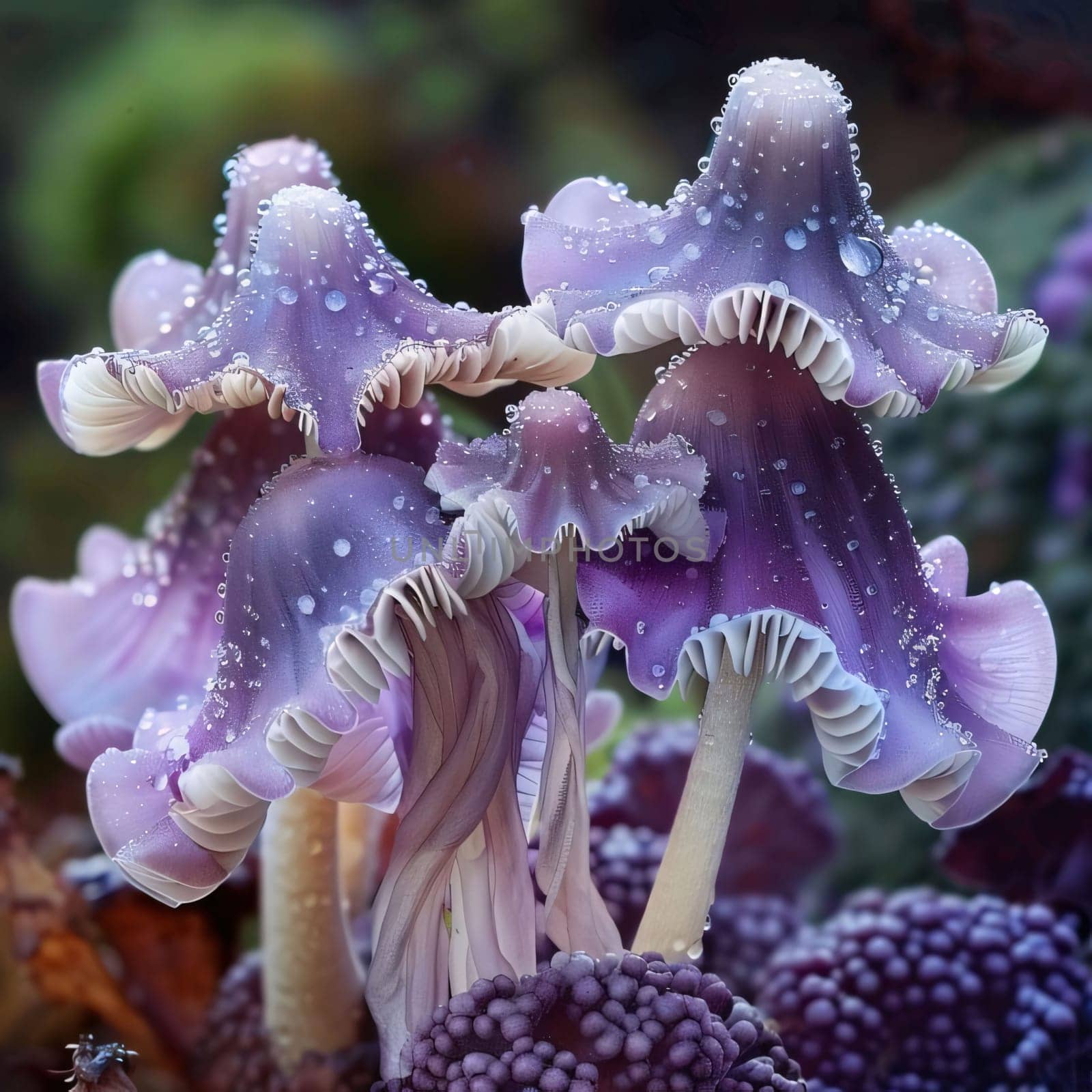 Pink mushrooms with dewdrops of rain, water in the forest. Flowering flowers, a symbol of spring, new life. A joyful time of nature awakening to life.