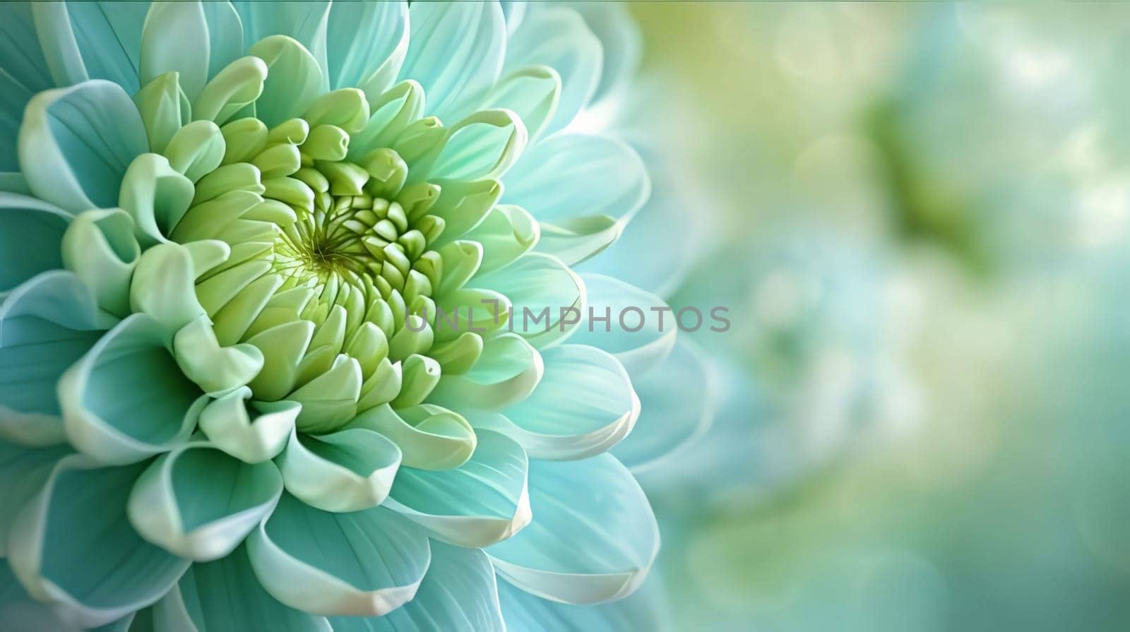 White hydrangea flower, chrysanthemum on light green background, banner with space for your own content. Flowering flowers, a symbol of spring, new life. A joyful time of nature awakening to life.