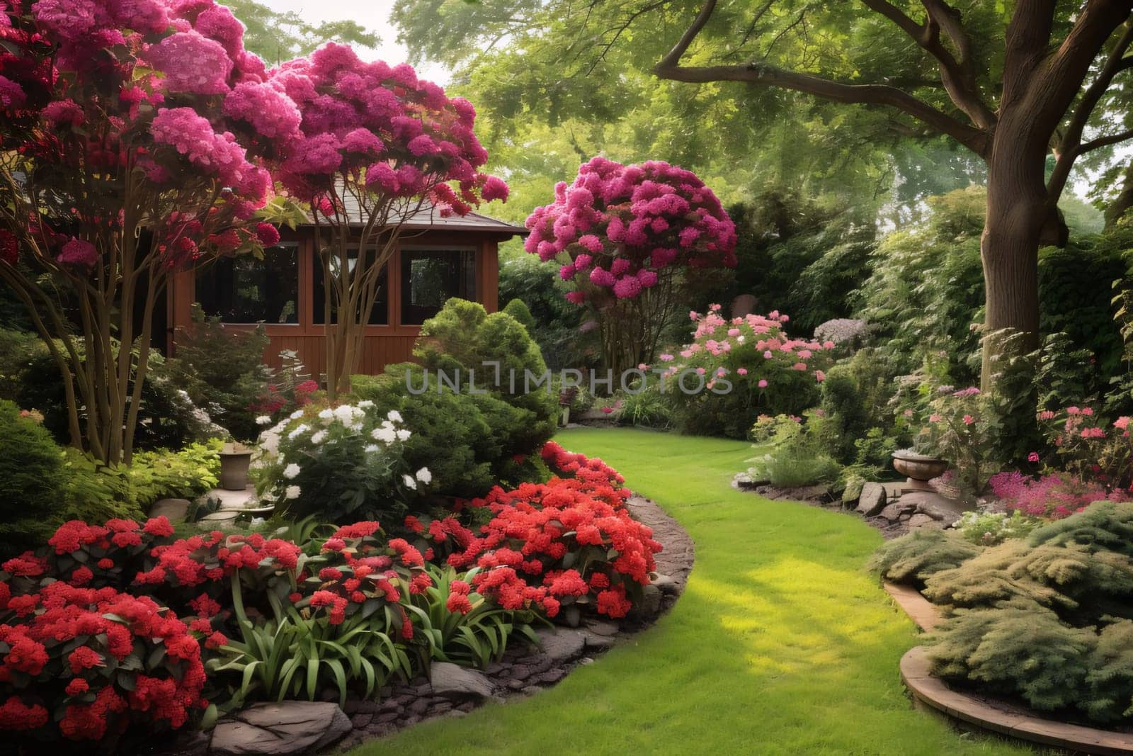 Garden full of green, pink, red flowers, Green, path, wooden cottage in the background. Flowering flowers, a symbol of spring, new life. A joyful time of nature awakening to life.