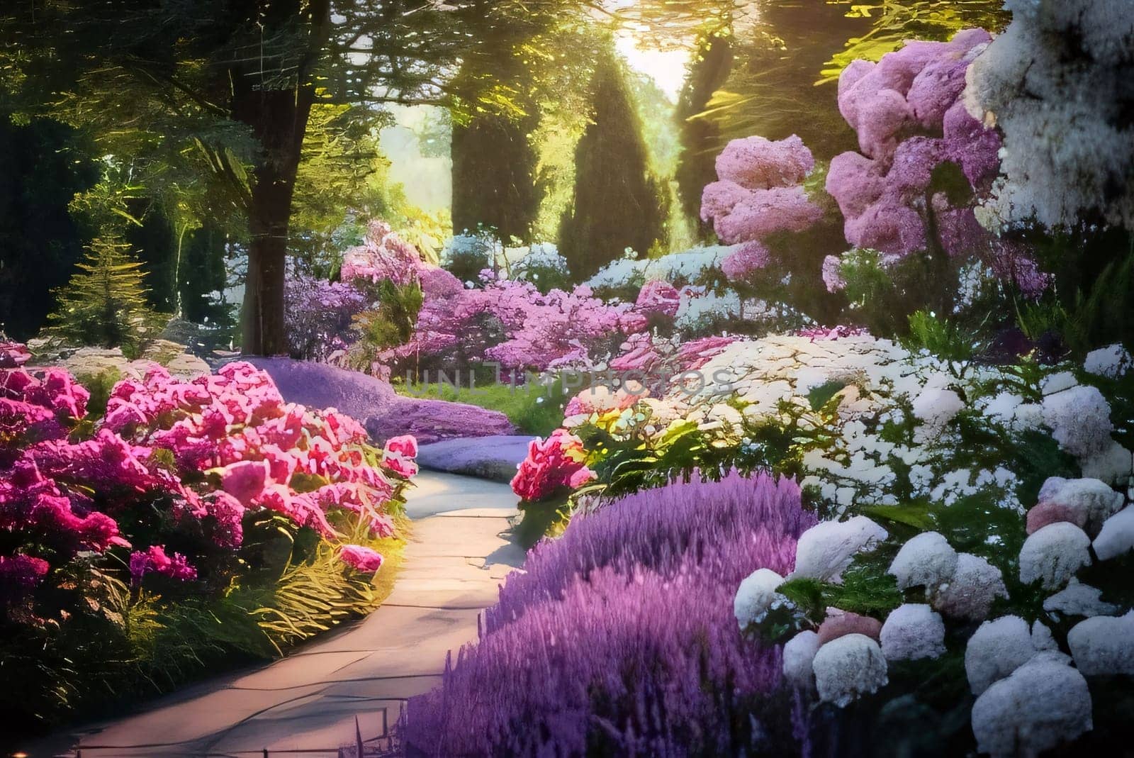 Garden full of white, pink, blue flowers, pine trees falling rays of light in the middle of the path. Flowering flowers, a symbol of spring, new life. A joyful time of nature awakening to life.