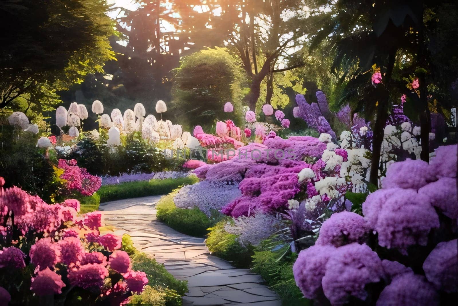 Garden full of white, pink, blue flowers, pine trees falling rays of light in the middle of the path. Flowering flowers, a symbol of spring, new life. A joyful time of nature awakening to life.