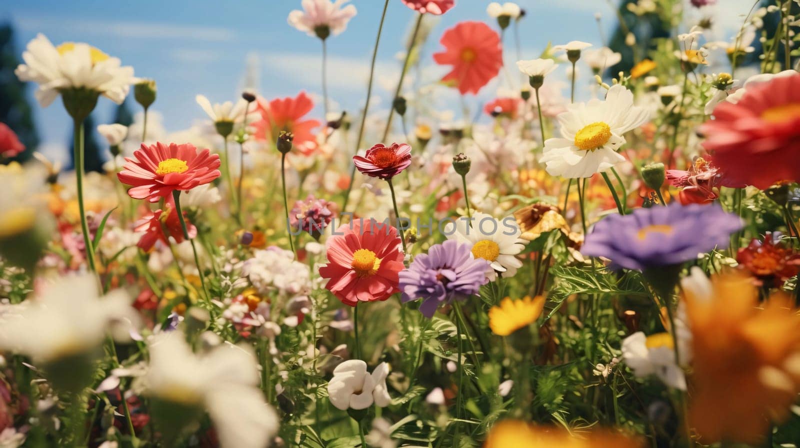 Colorful field flowers, rays of light, day. Flowering flowers, a symbol of spring, new life. by ThemesS