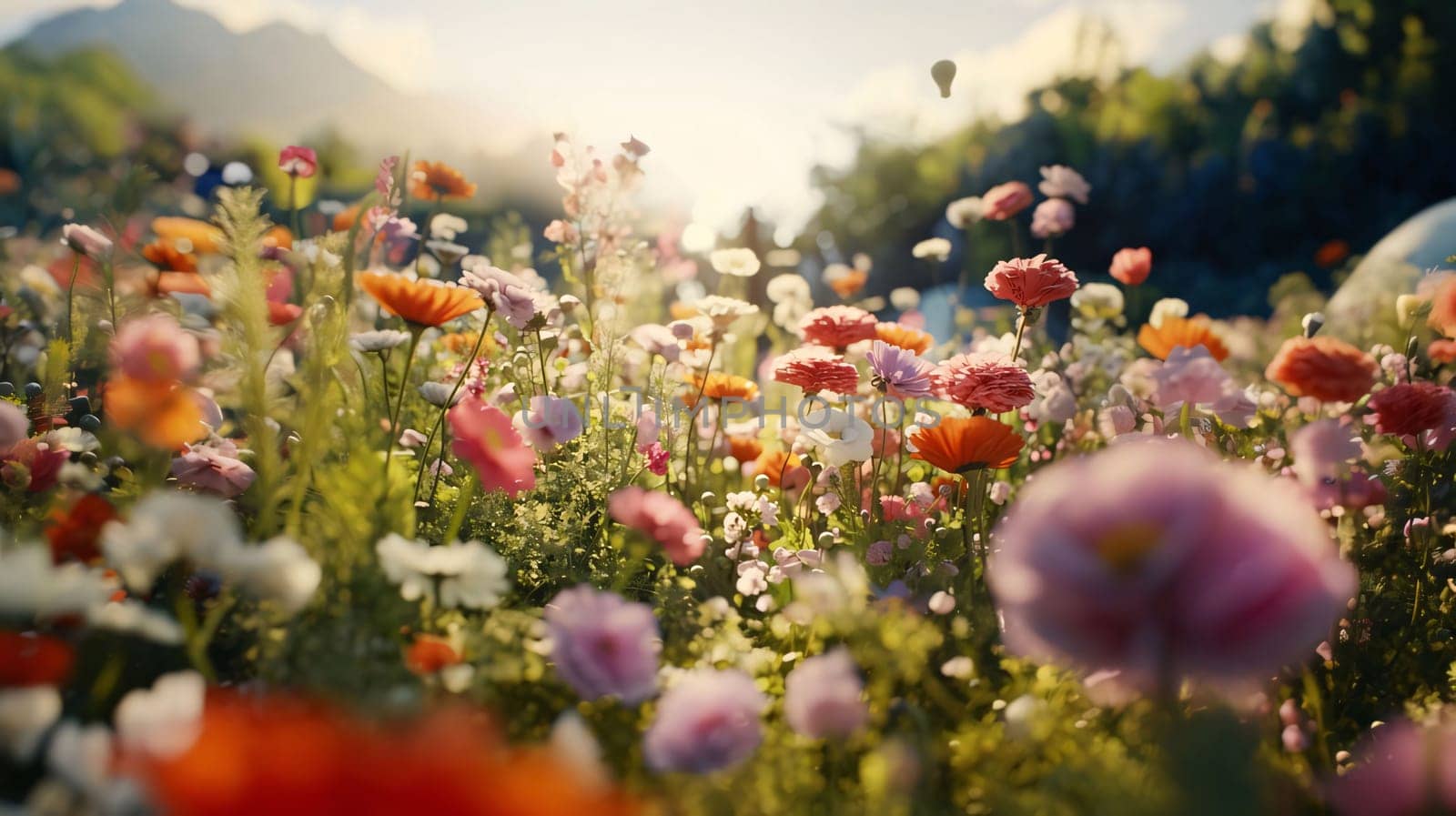 Colorful field flowers, rays of light, day. Flowering flowers, a symbol of spring, new life. by ThemesS