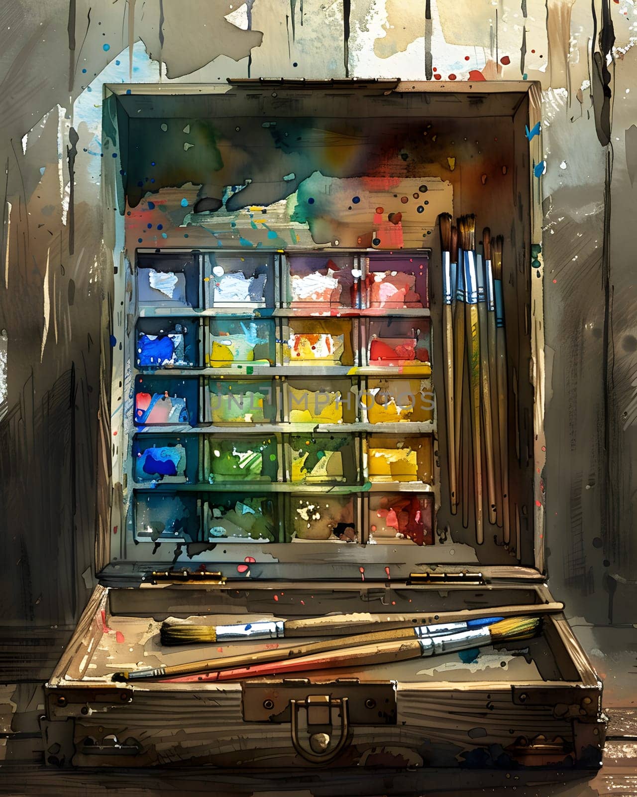 An artwork depicting a metal suitcase filled with colorful paints and brushes, set against a backdrop of glass shelving in a retail building