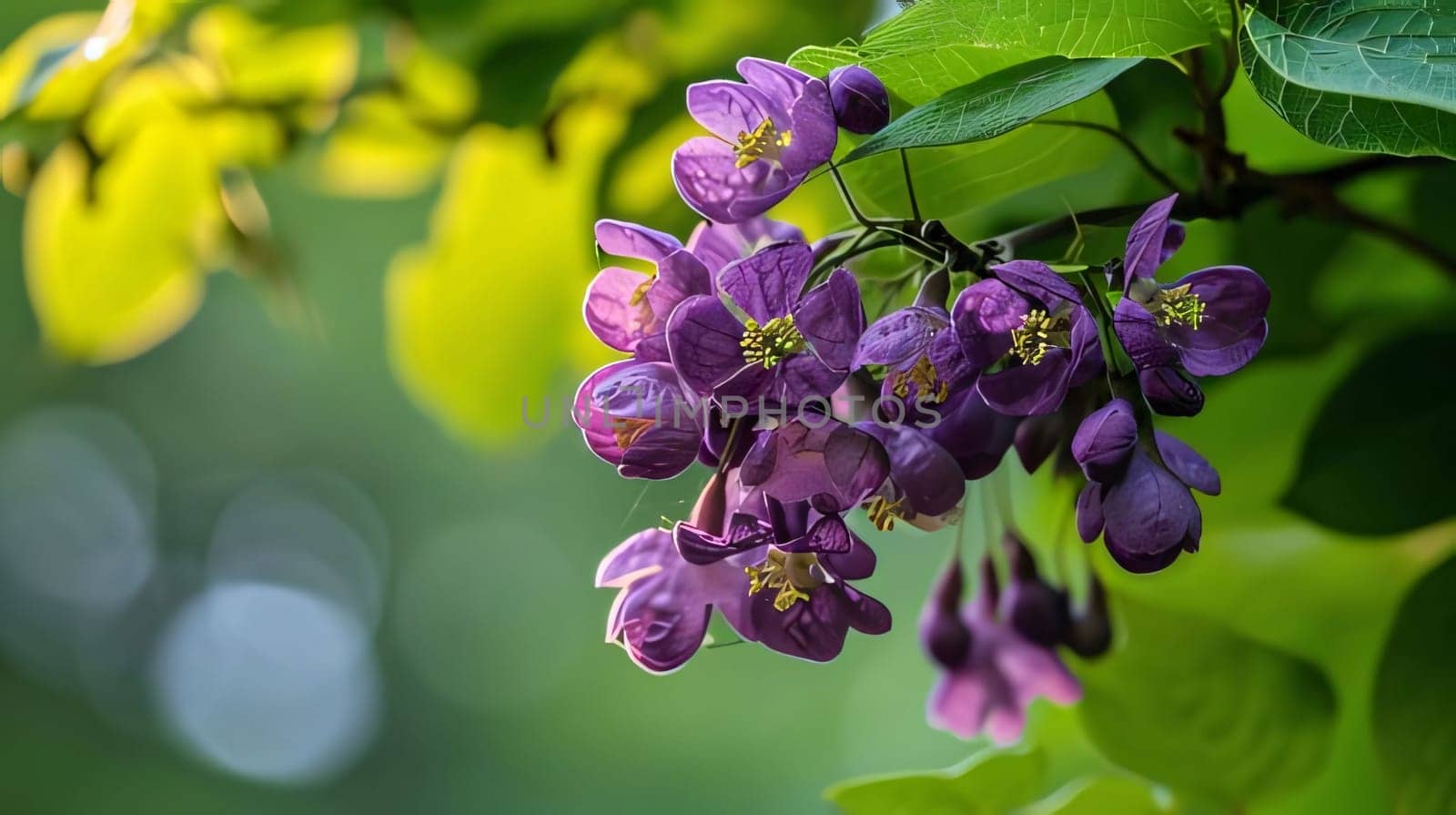 Flowers, petals Akebia five-leaf green. Leaves on twigs. Flowering flowers, a symbol of spring, new life. A joyful time of nature awakening to life.