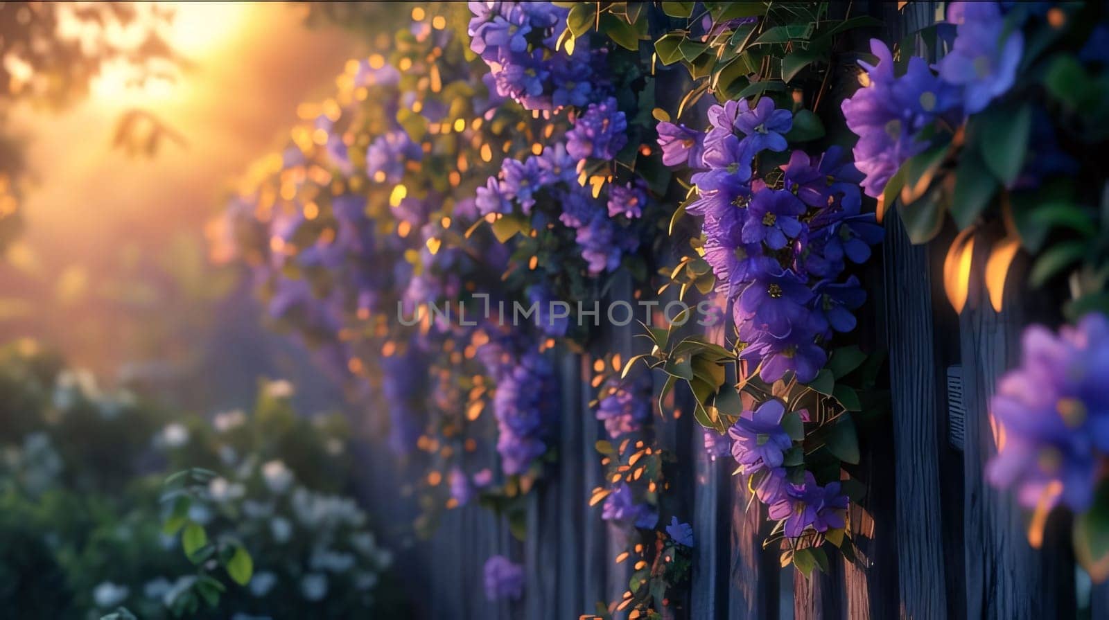 Blue flowers climbing on a wooden fence. rays of light, sunset in the background. Flowering flowers, a symbol of spring, new life. A joyful time of nature awakening to life.