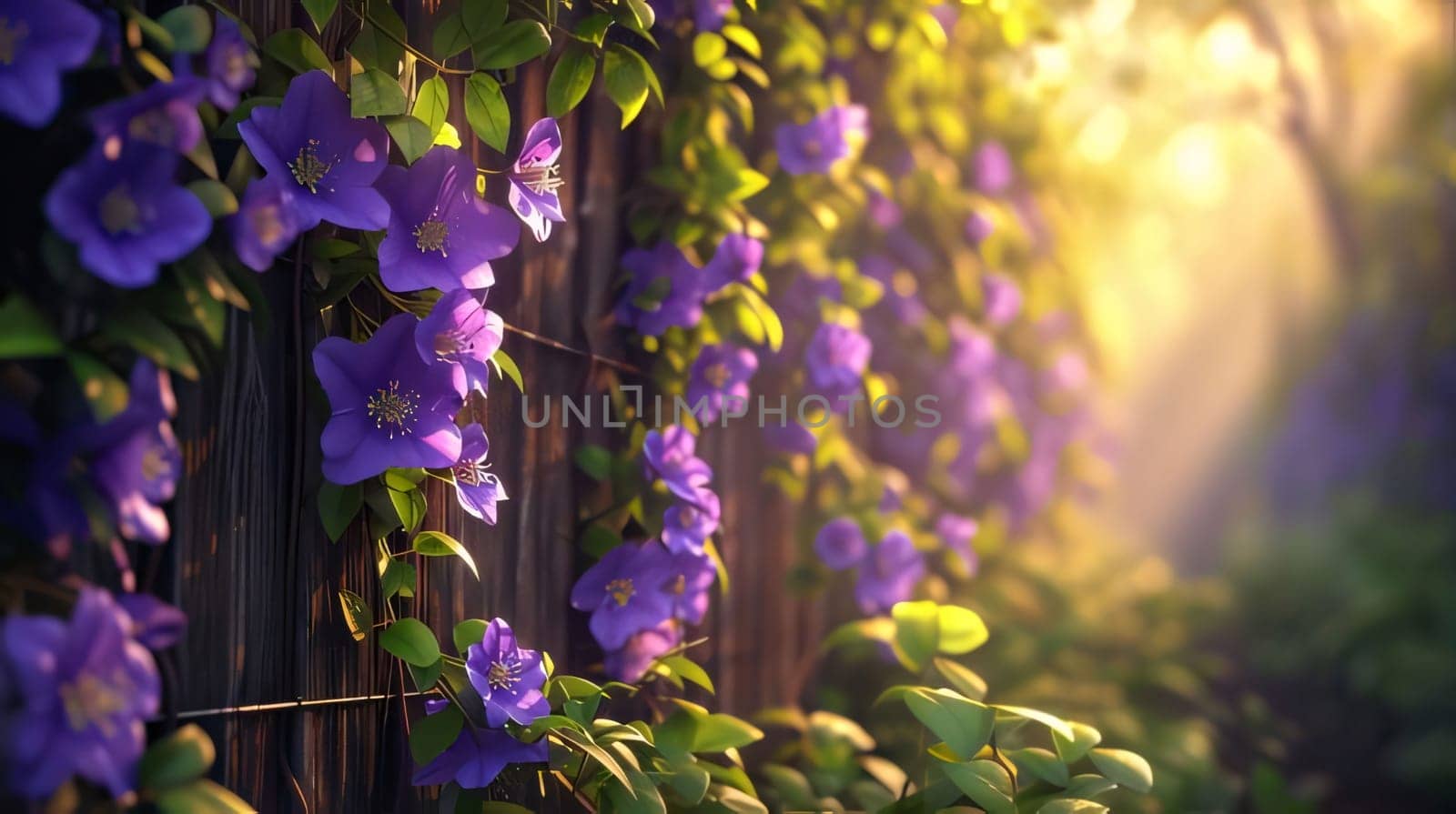 Blue flowers climbing on a wooden fence. rays of light, sunset in the background. Flowering flowers, a symbol of spring, new life. A joyful time of nature awakening to life.