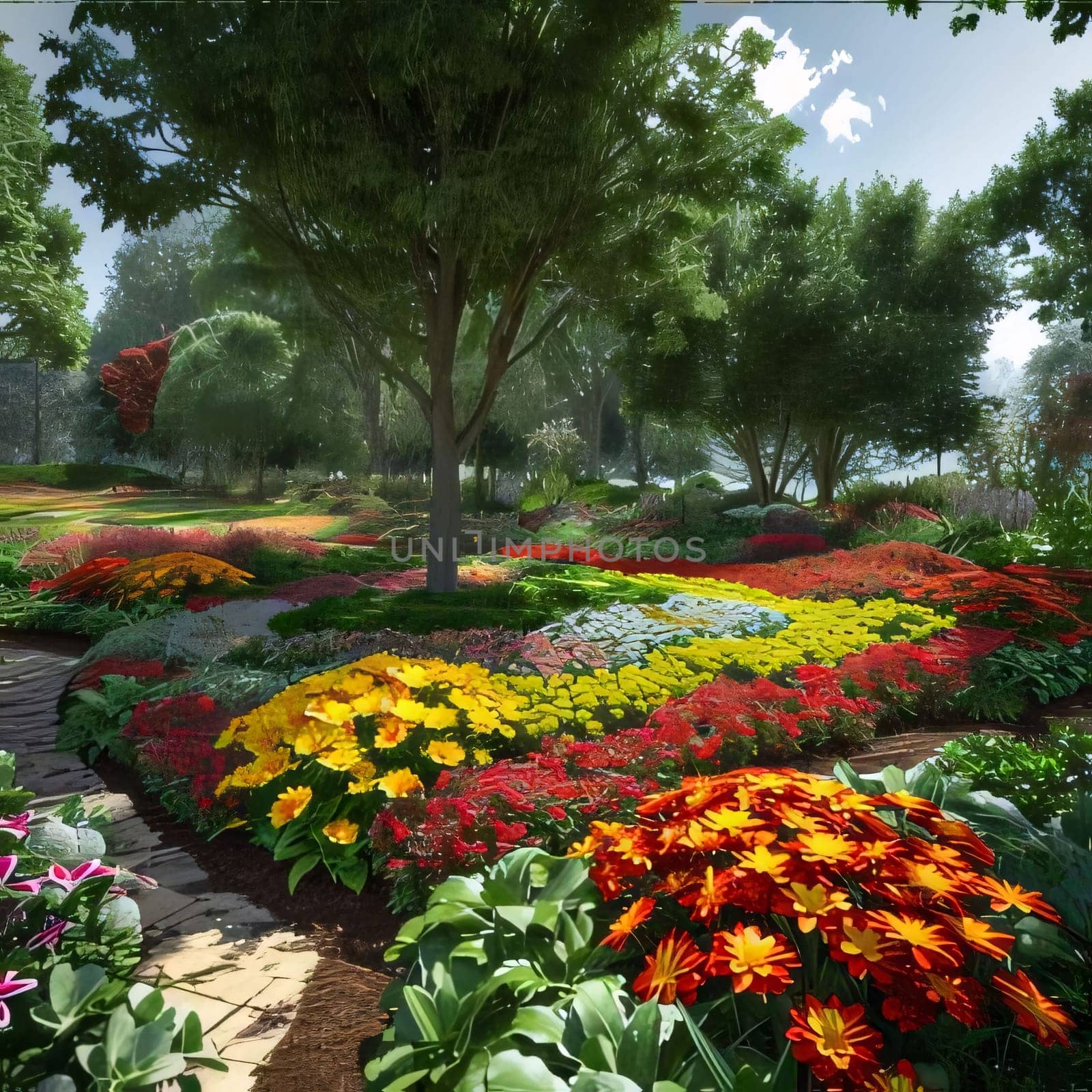 Illustration of a flowery garden, park colorful flowers, green trees, path in the middle. Flowering flowers, a symbol of spring, new life. by ThemesS