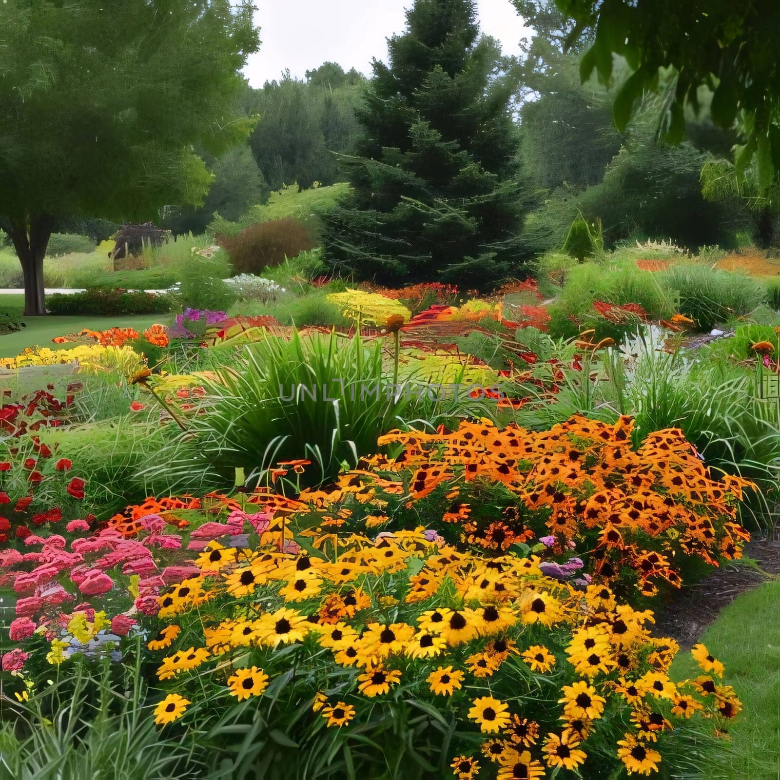 Illustration of flowery garden, park colorful flowers, green trees. Flowering flowers, a symbol of spring, new life. by ThemesS