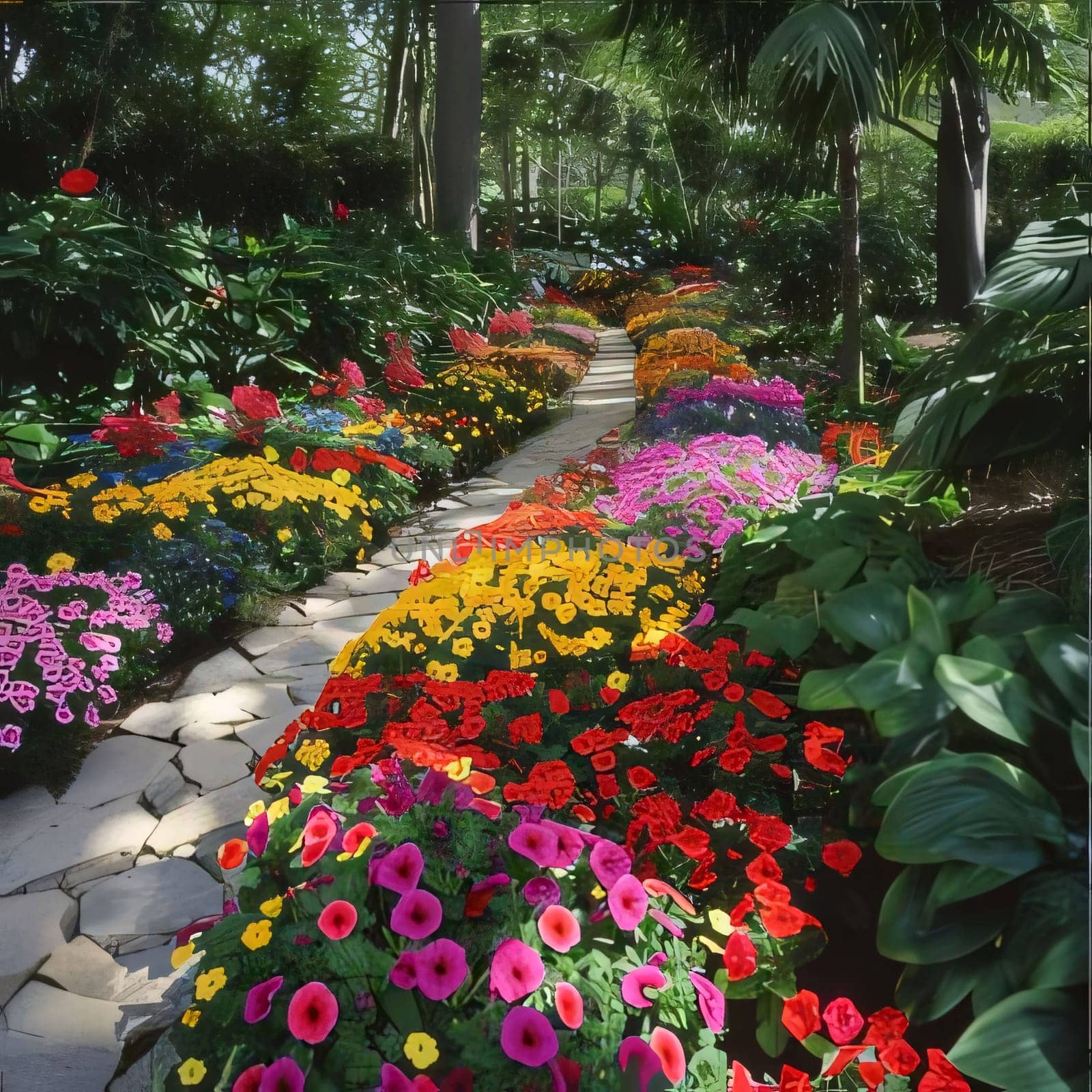 Illustration of a flowery garden, park colorful flowers, green trees, path in the middle. Flowering flowers, a symbol of spring, new life. A joyful time of nature awakening to life.