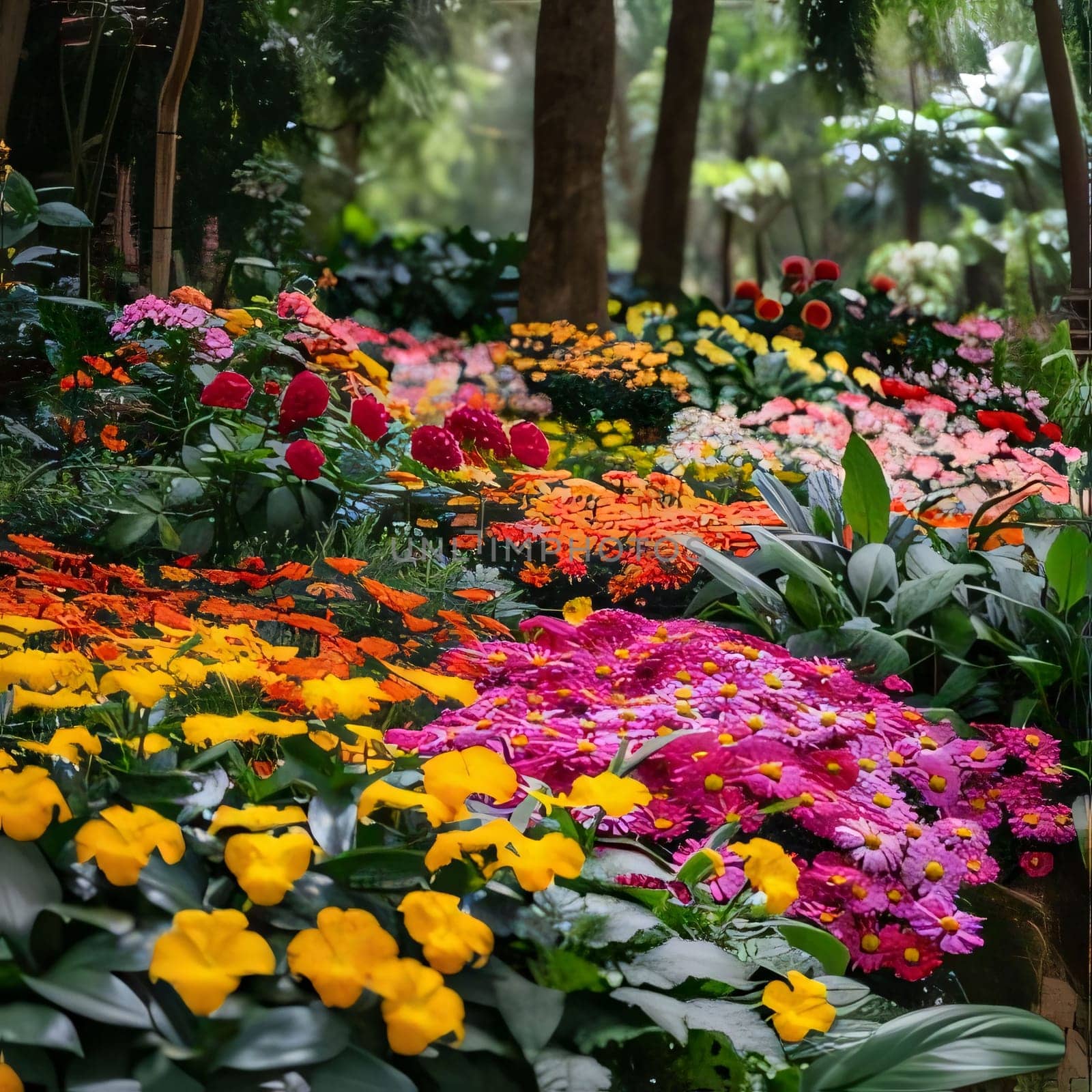 Illustration of a flowery garden, park colorful flowers, flower beds. Home flower garden. Flowering flowers, a symbol of spring, new life. A joyful time of nature awakening to life.