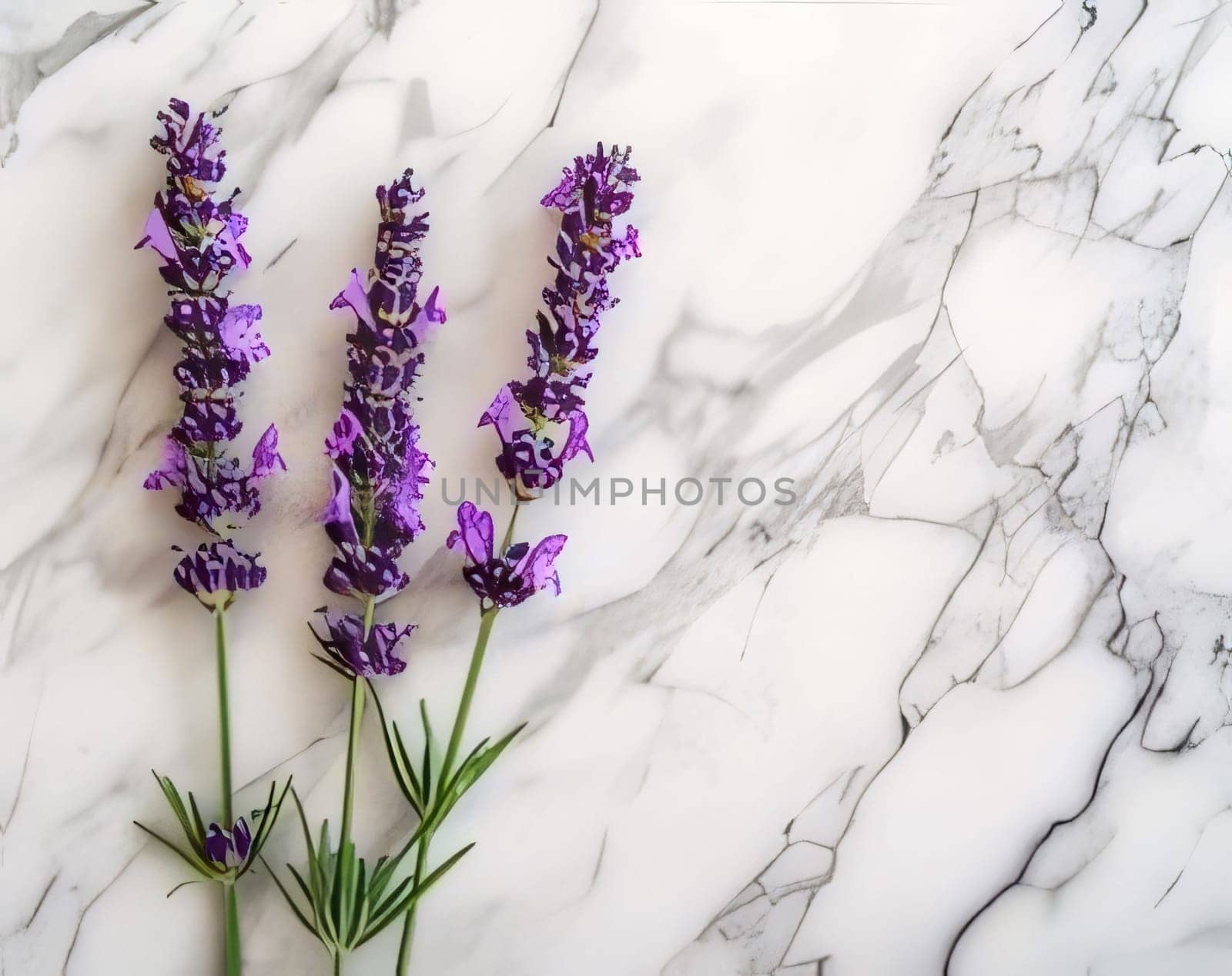 Bouquet of lavender flowers lying on a marble background. Flowering flowers, a symbol of spring, new life. A joyful time of nature awakening to life.