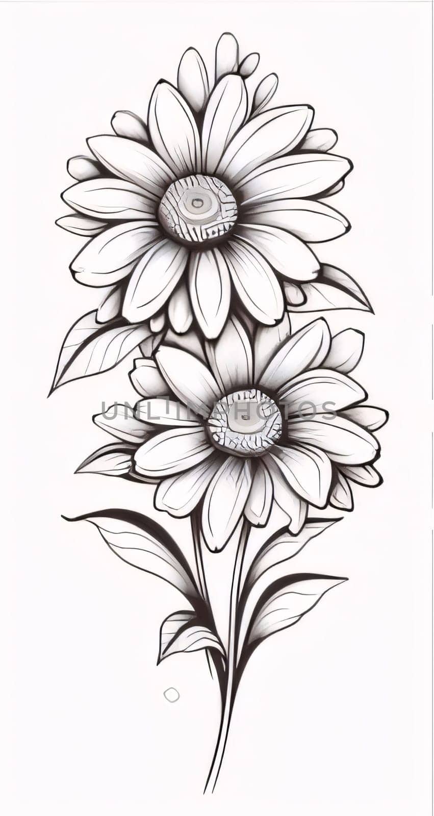 Black and white coloring sheet, vertical flowers with leaves. Flowering flowers, a symbol of spring, new life. A joyful time of nature awakening to life.