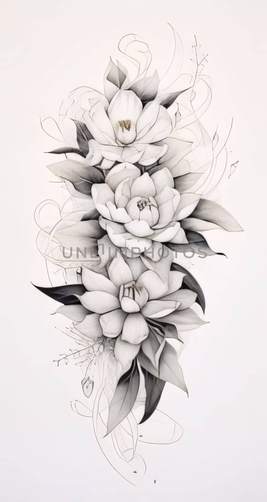 Black and white coloring sheet, vertical flowers with leaves. Flowering flowers, a symbol of spring, new life. A joyful time of nature awakening to life.