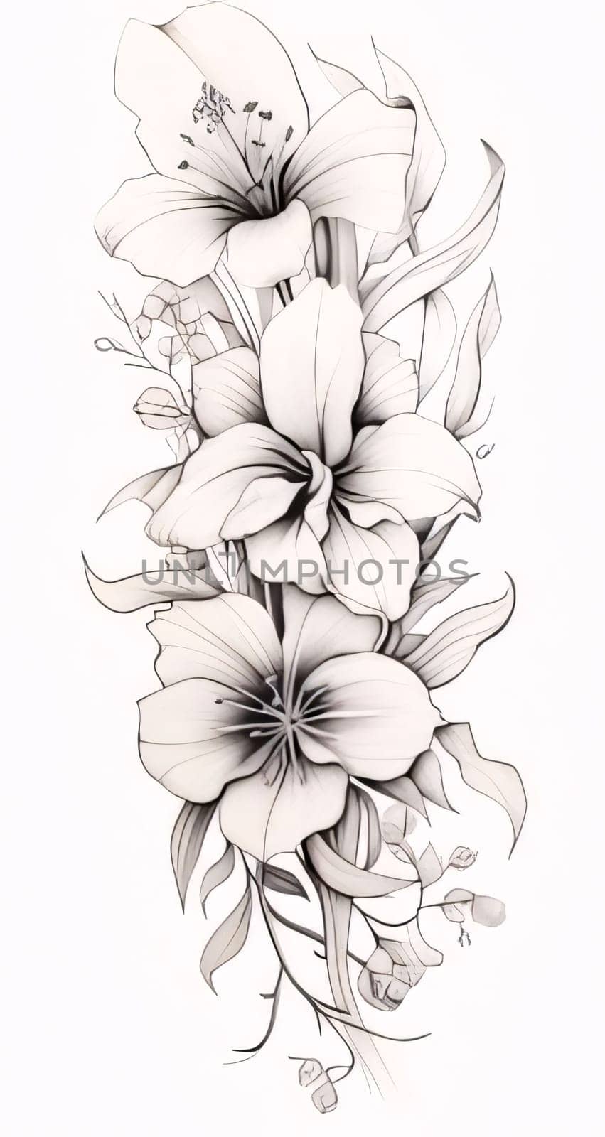 Black and white coloring sheet, vertical flowers with leaves. Flowering flowers, a symbol of spring, new life. by ThemesS