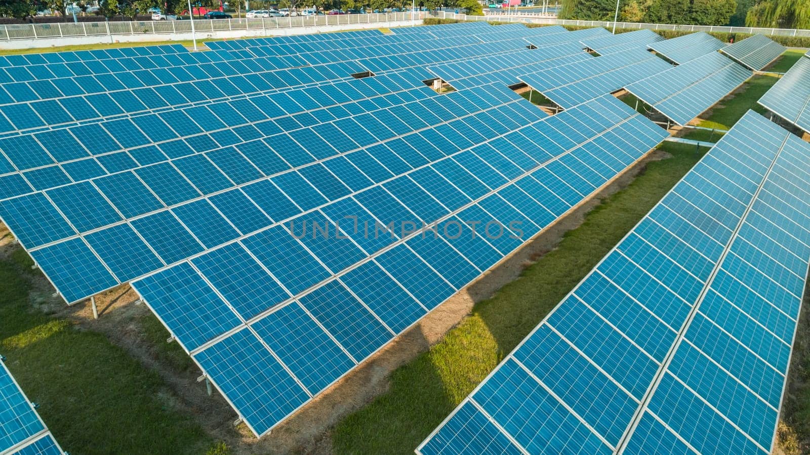 Aerial view of solar energy panels on sunny day, solar panels, Solar power plants.