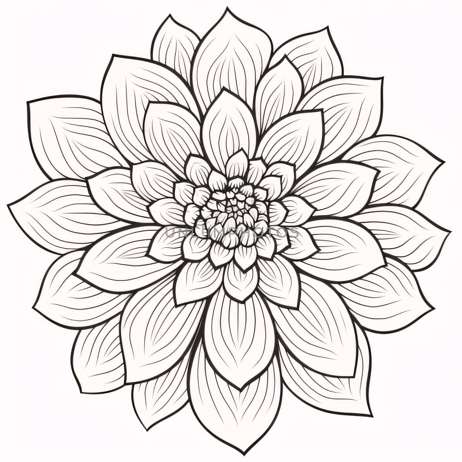 Black and white coloring sheet white dahlia flower. Flowering flowers, a symbol of spring, new life. A joyful time of nature awakening to life.