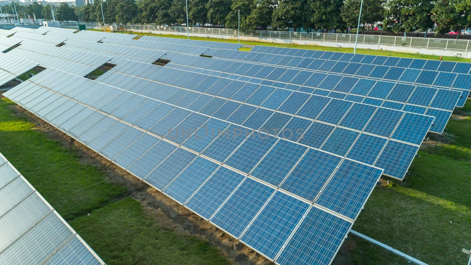 Aerial view of solar energy panels on sunny day, solar panels, Solar power plants.