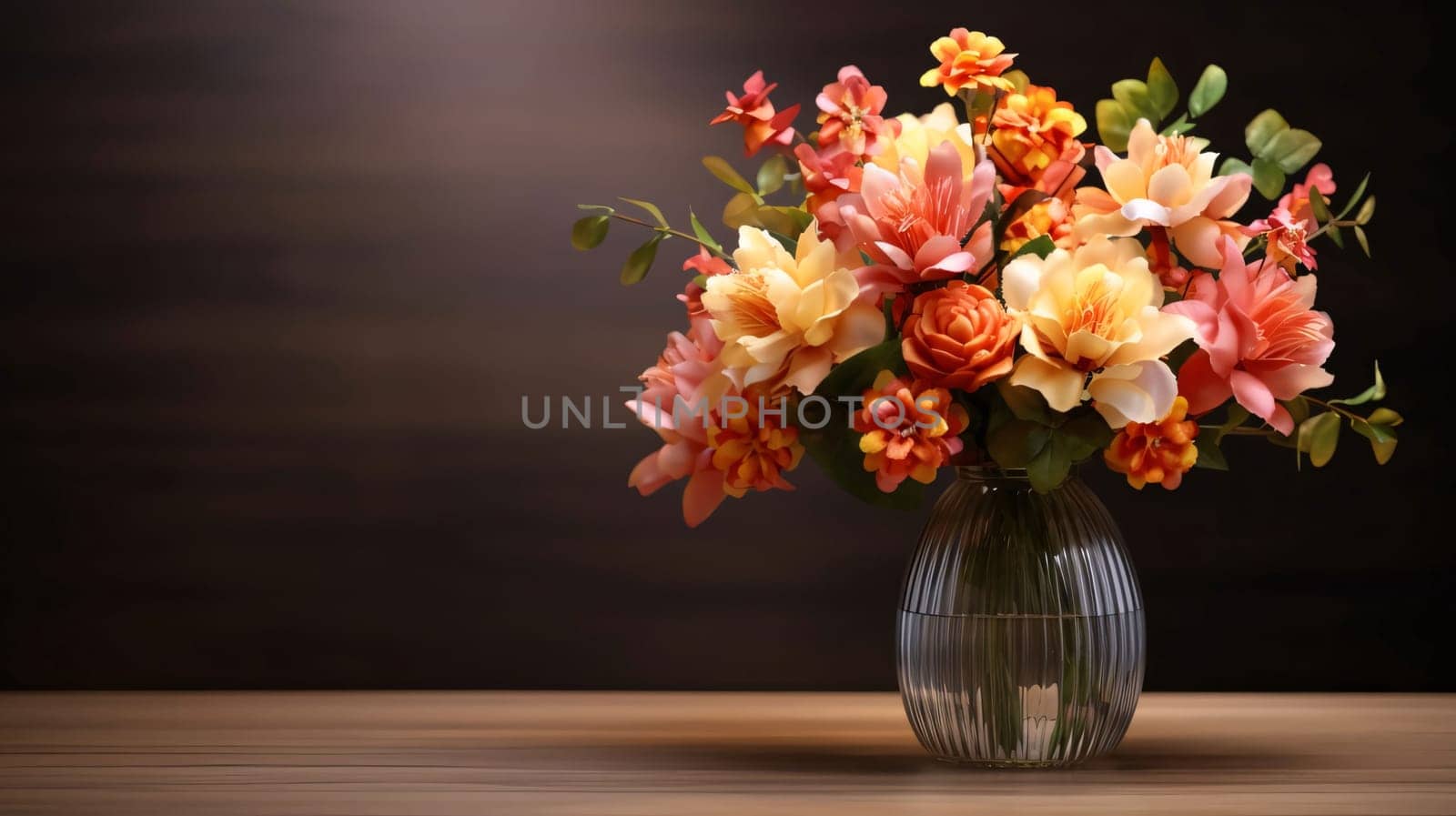 Banner, wooden boards and a bouquet of colorful flowers in a vase, space for your own content. Flowering flowers, a symbol of spring, new life. A joyful time of nature waking up to life.
