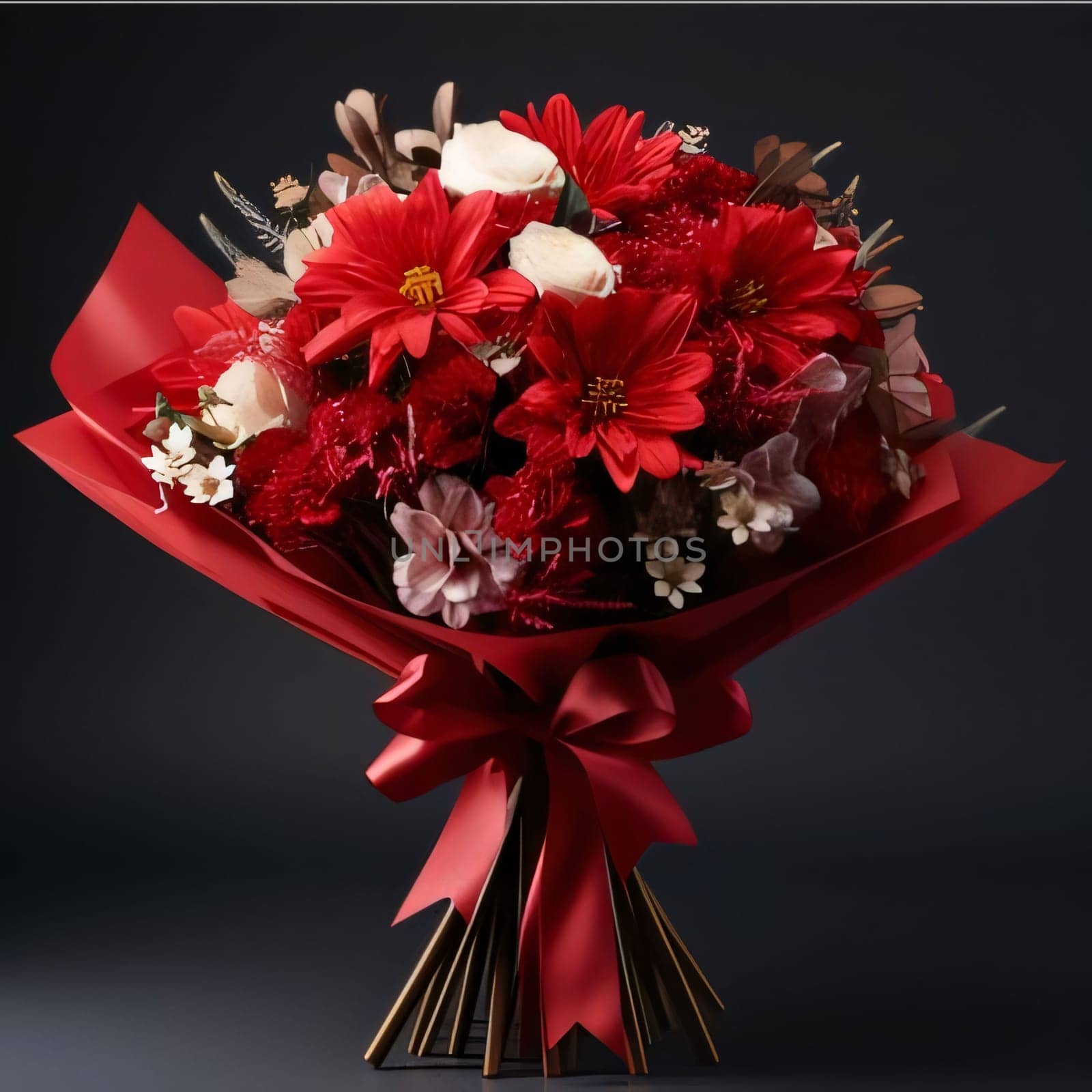 Red bouquet of flowers decorated with a red bow on a dark background. Flowering flowers, a symbol of spring, new life. A joyful time of nature waking up to life.
