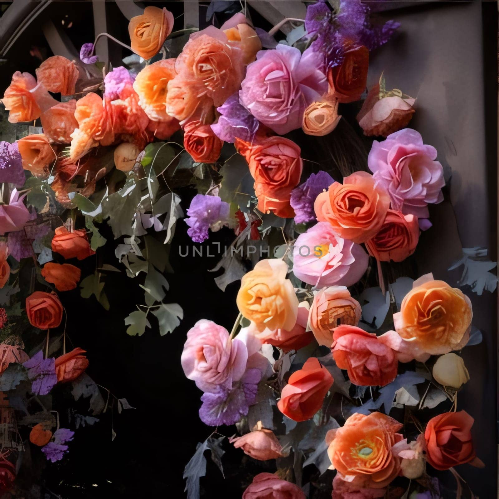 Colorful roses growing in front of the entrance to the house. Flowering flowers, a symbol of spring, new life. by ThemesS