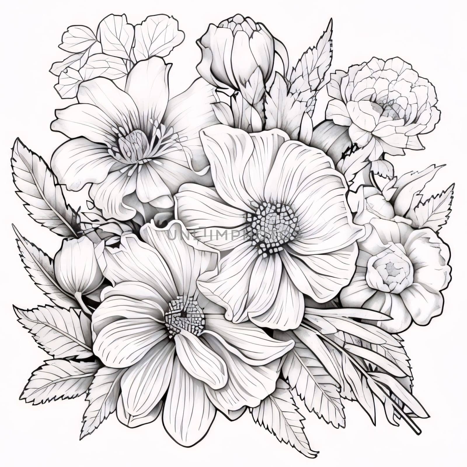 Black and white coloring sheet bouquet of flowers. Flowering flowers, a symbol of spring, new life. A joyful time of nature awakening to life.