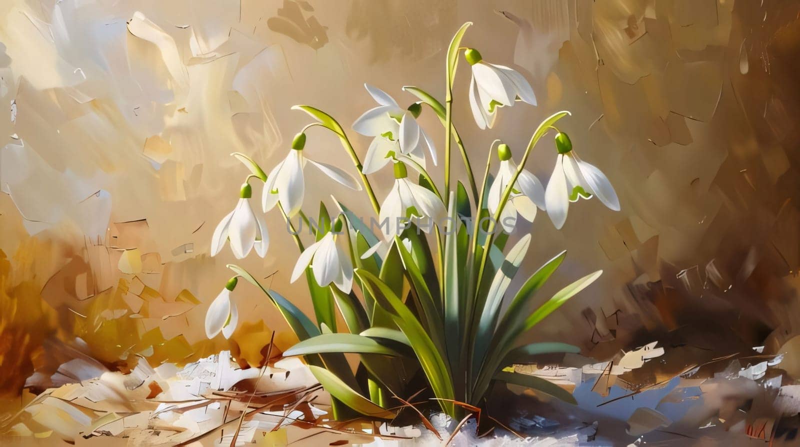 White snowdrop flowers with green leaves growing out of the snow. Illustration. Sunshine. Flowering flowers, a symbol of spring, new life. A joyful time of nature awakening to life.