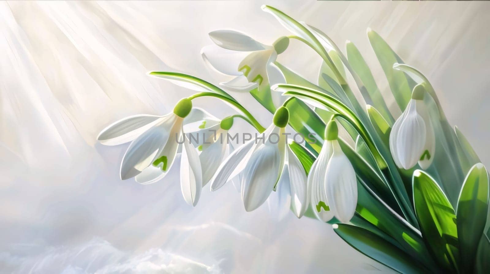 White snowdrop flowers with green leaves growing out of the snow. Illustration. Sunshine. Banner with space for your own content. Flowering flowers, a symbol of spring, new life. A joyful time of nature awakening to life.