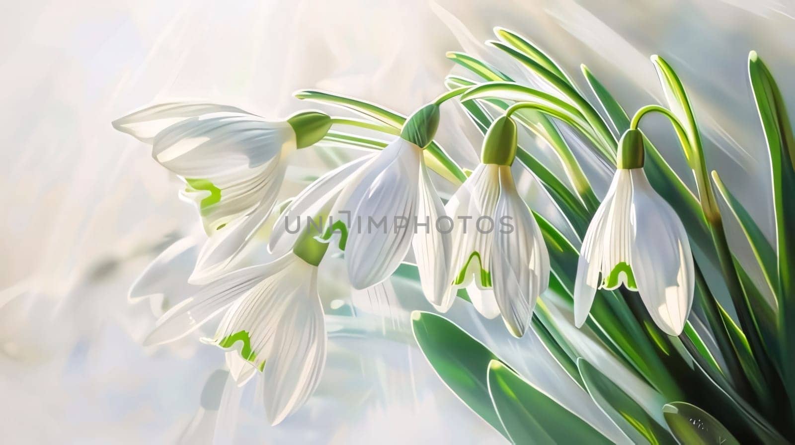 White snowdrop flowers with green leaves growing out of the snow. Illustration. Sunshine. Banner with space for your own content. Flowering flowers, a symbol of spring, new life. A joyful time of nature awakening to life.