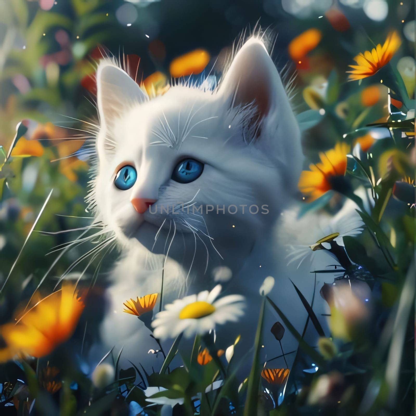 Illustration of a small white cat with blue eyes lying in the grass with flowers. Flowering flowers, a symbol of spring, new life. A joyful time of nature awakening to life.