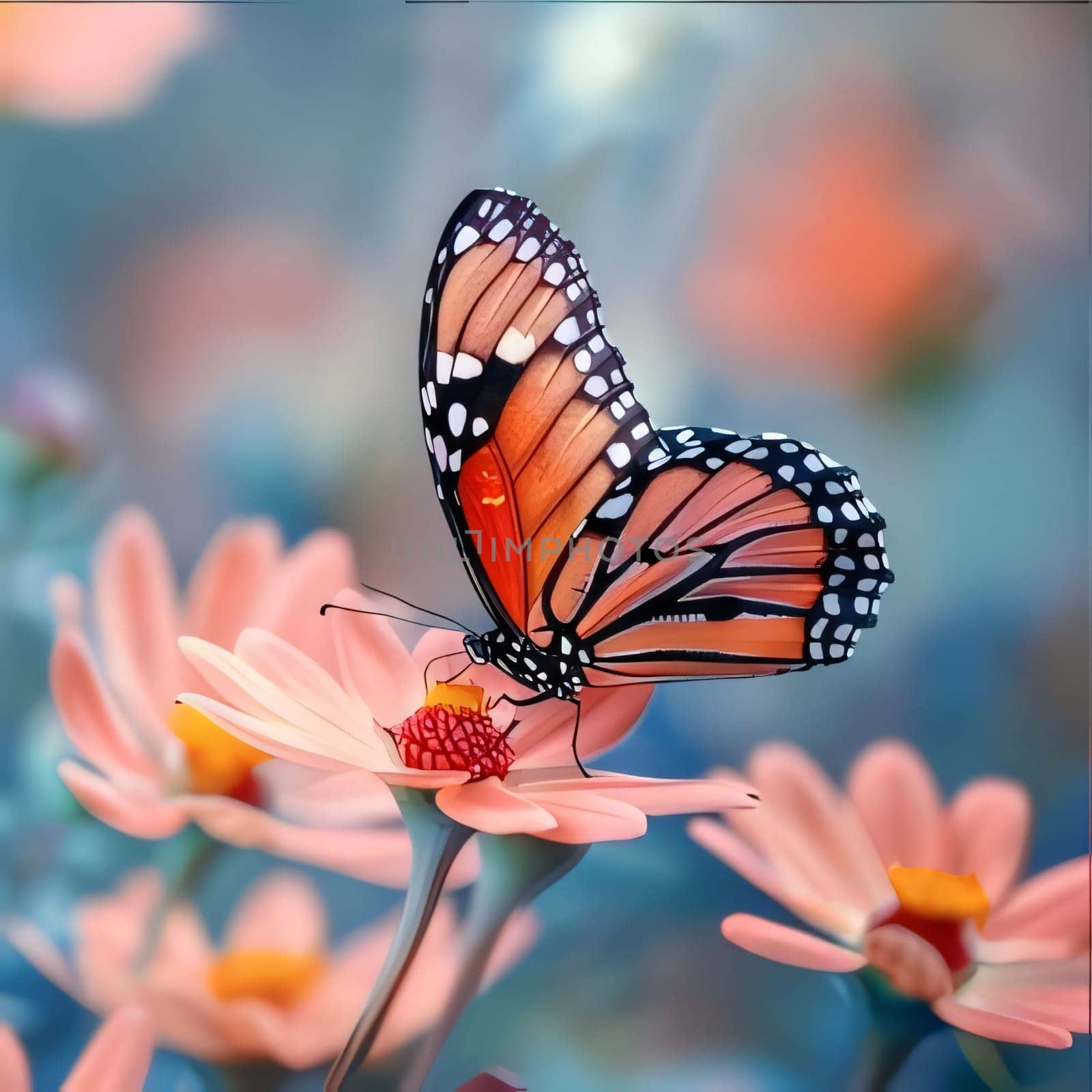 Orange black and white butterfly sitting on pink flower smudged background. Flowering flowers, a symbol of spring, new life. A joyful time of nature awakening to life.